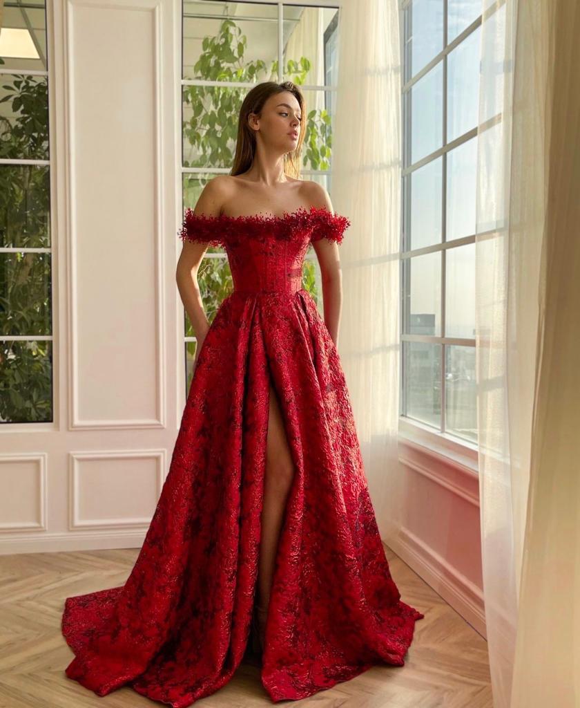 red lace prom dress with sleeves