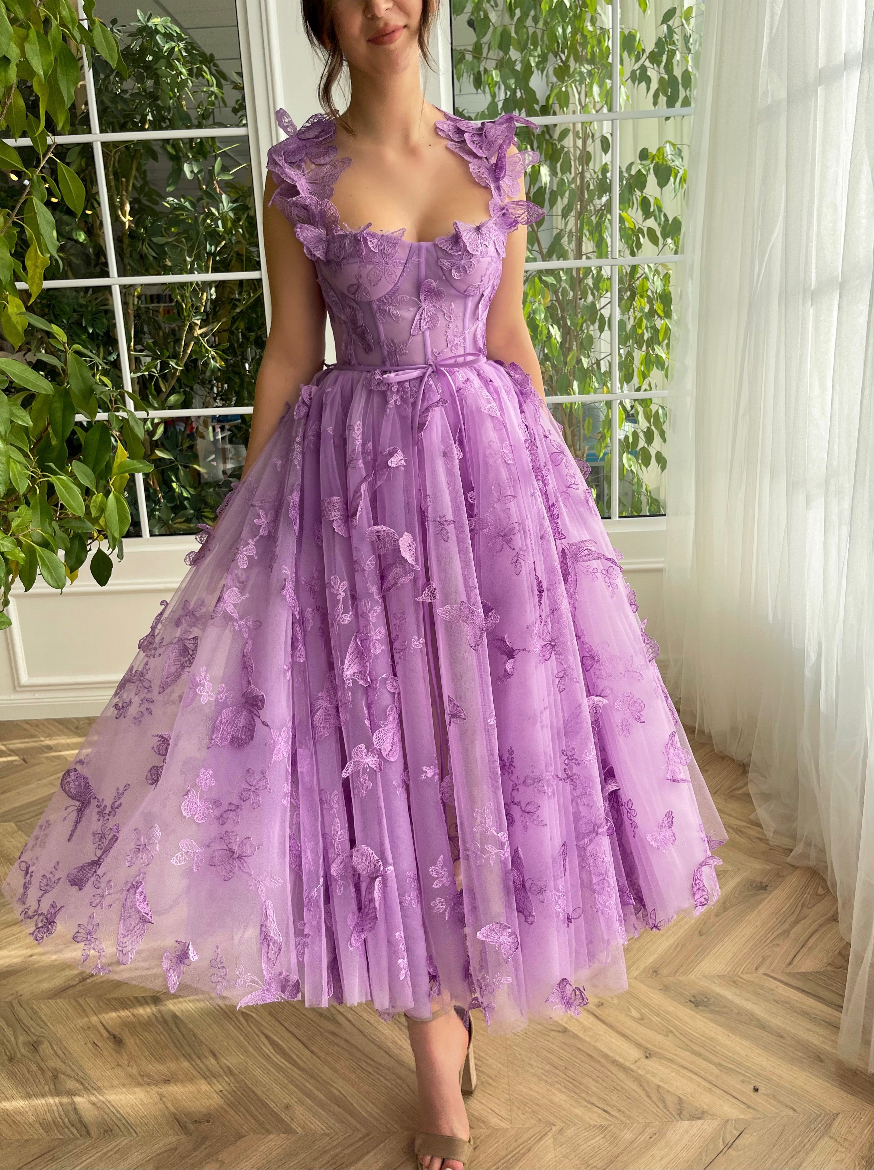 Corset Bow Straps Tea Length Lace Prom Dress