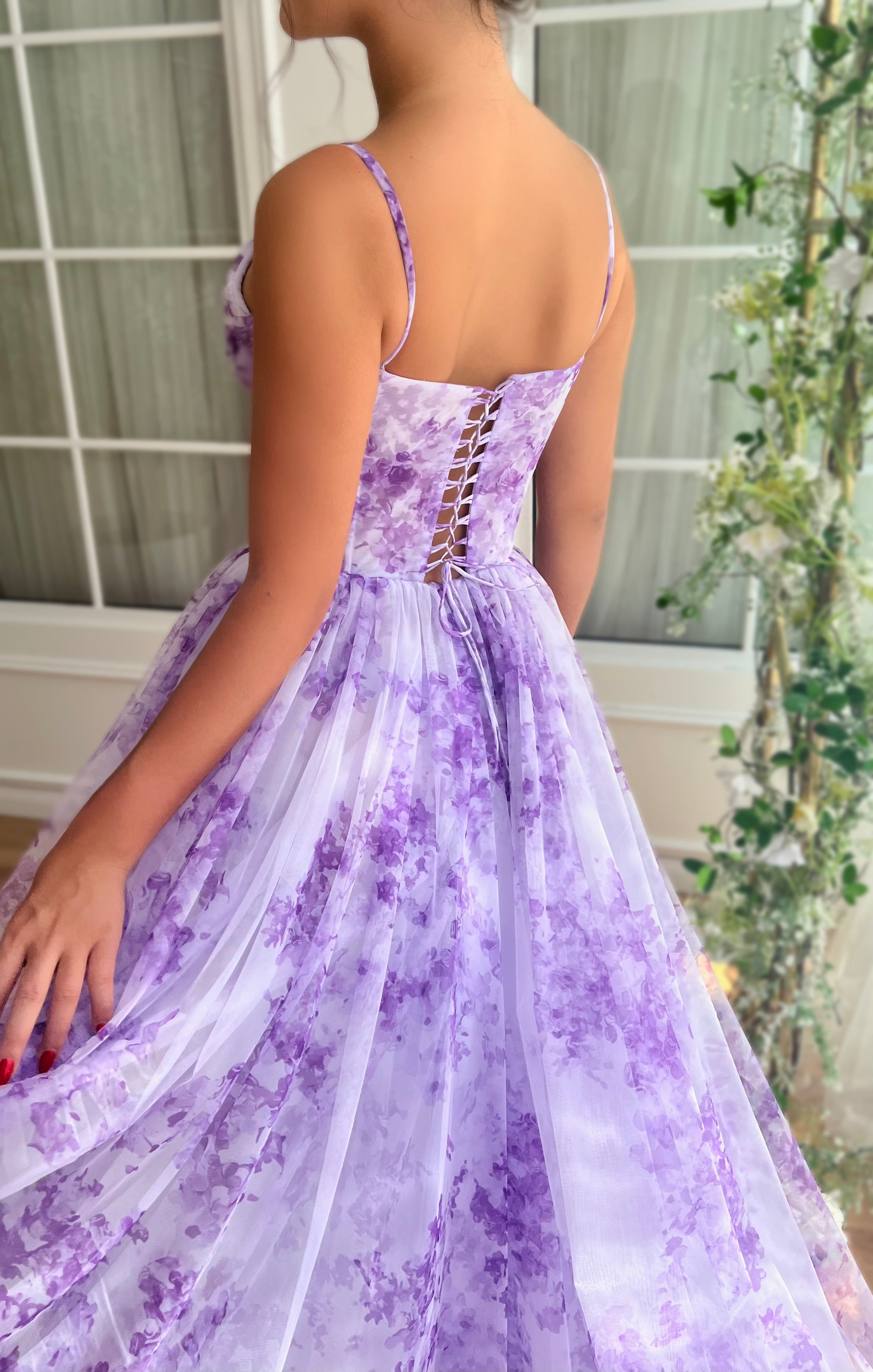 Purple A-Line dress with printed fabric and spaghetti straps