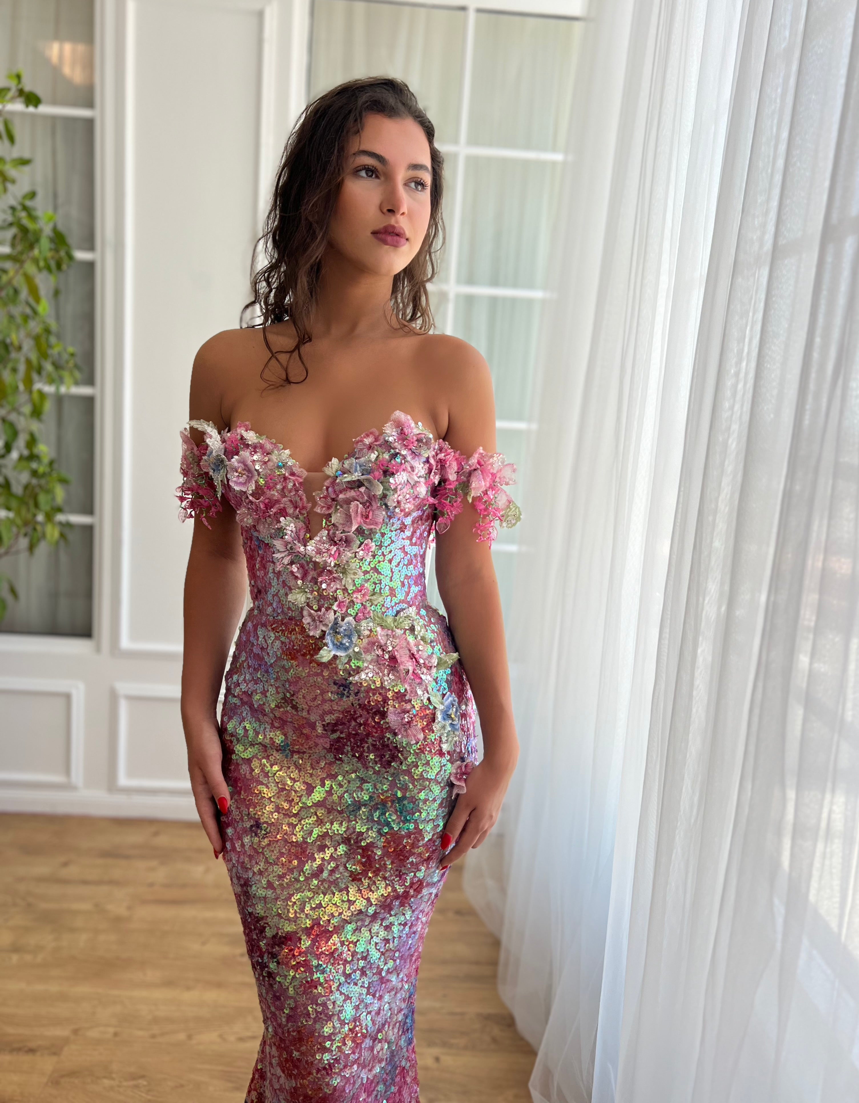 colorful mermaid dress with sequins, off shoulder sleeves and embroidery