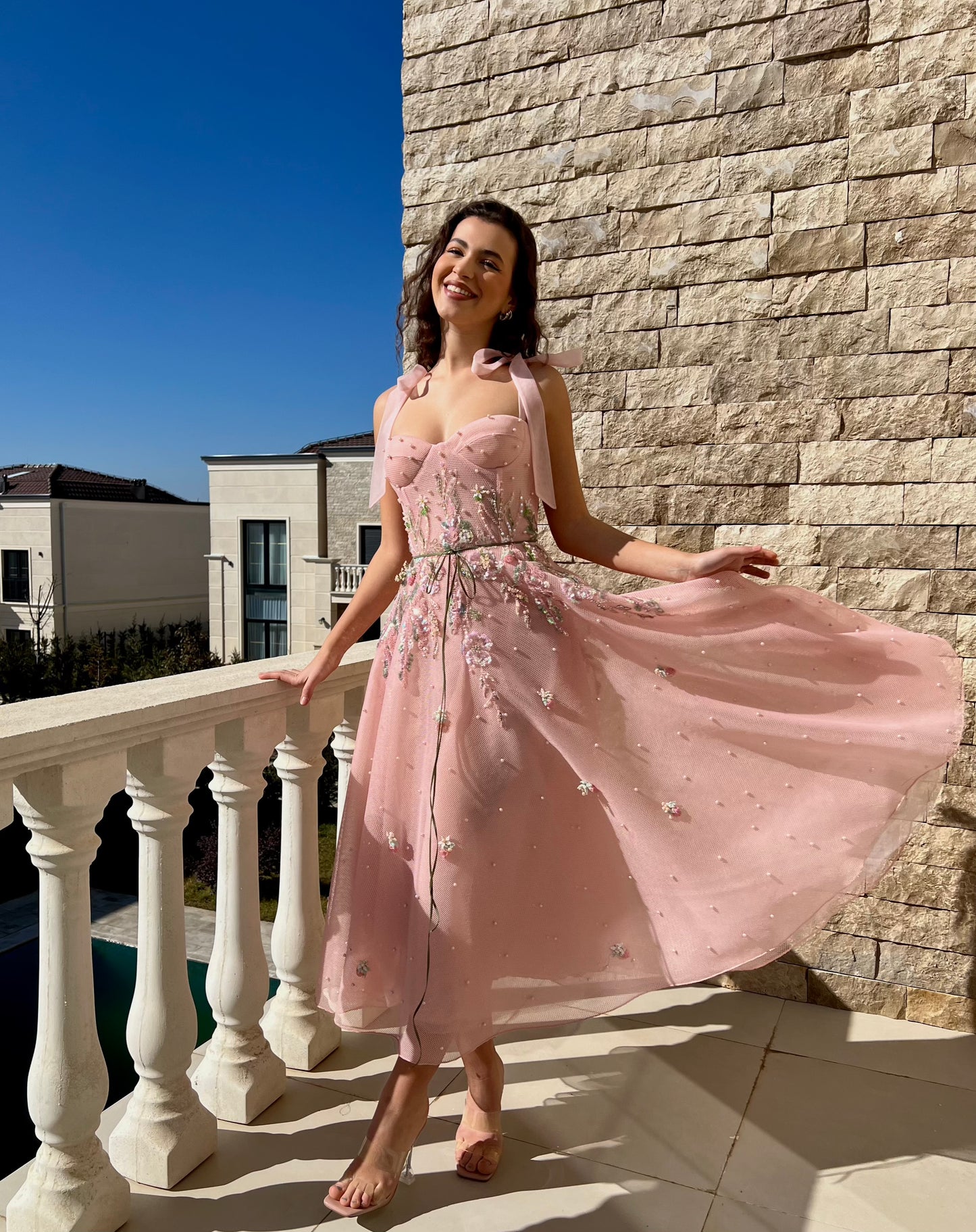 Pink midi dress with bow straps, embroidery and pearls