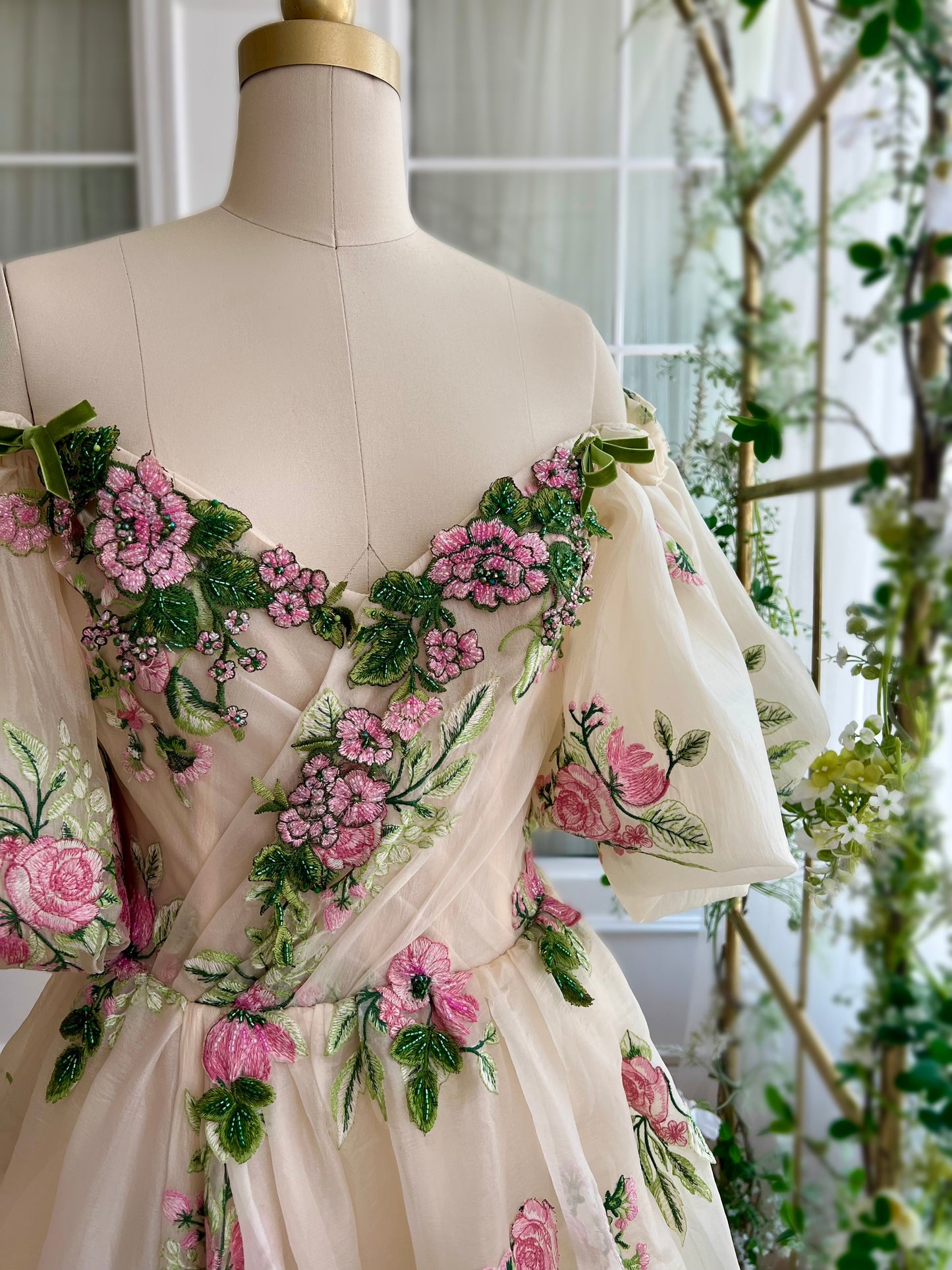 Beige A-Line dress with off the shoulder sleeves and embroidery