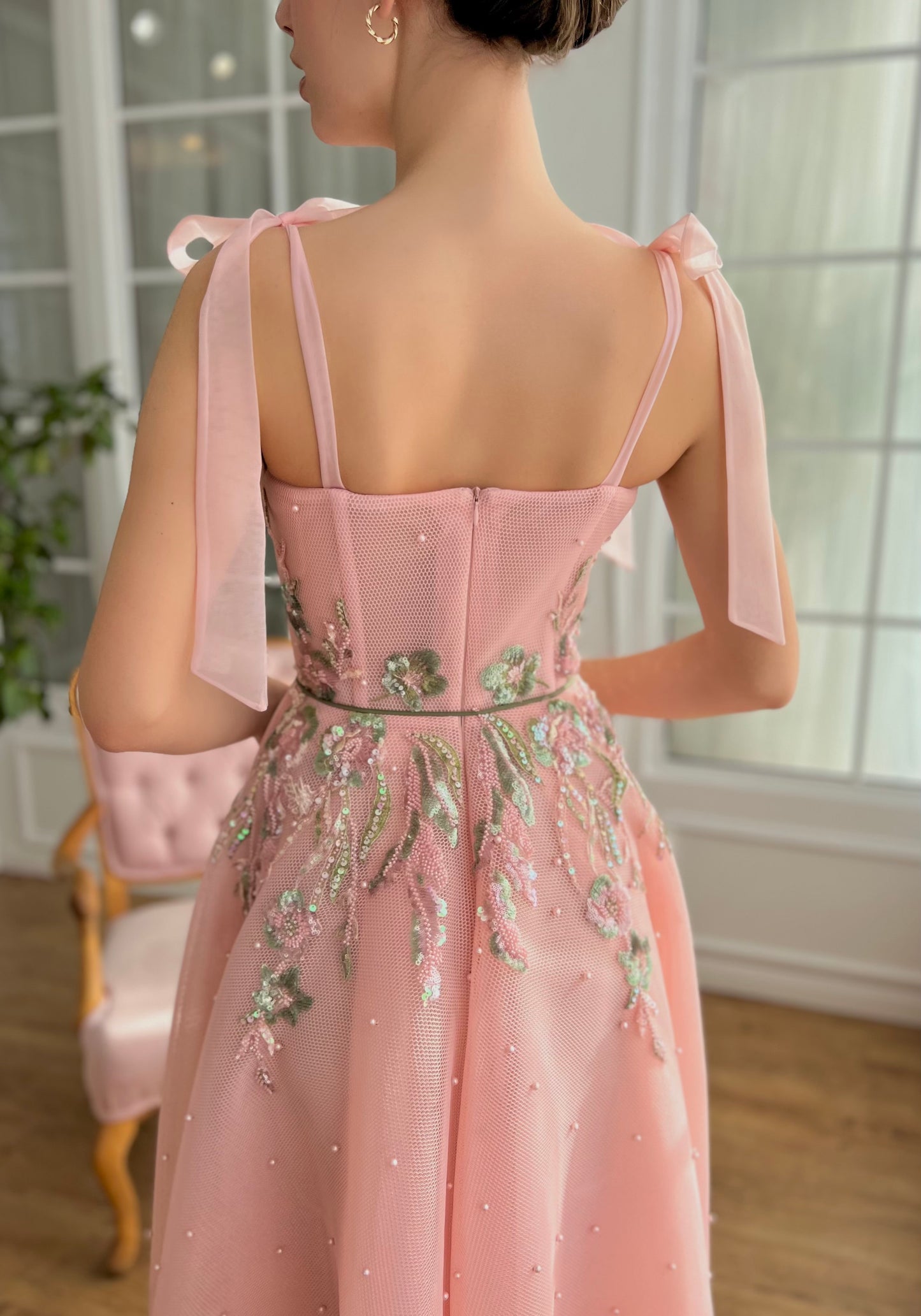 Pink midi dress with bow straps, embroidery and pearls