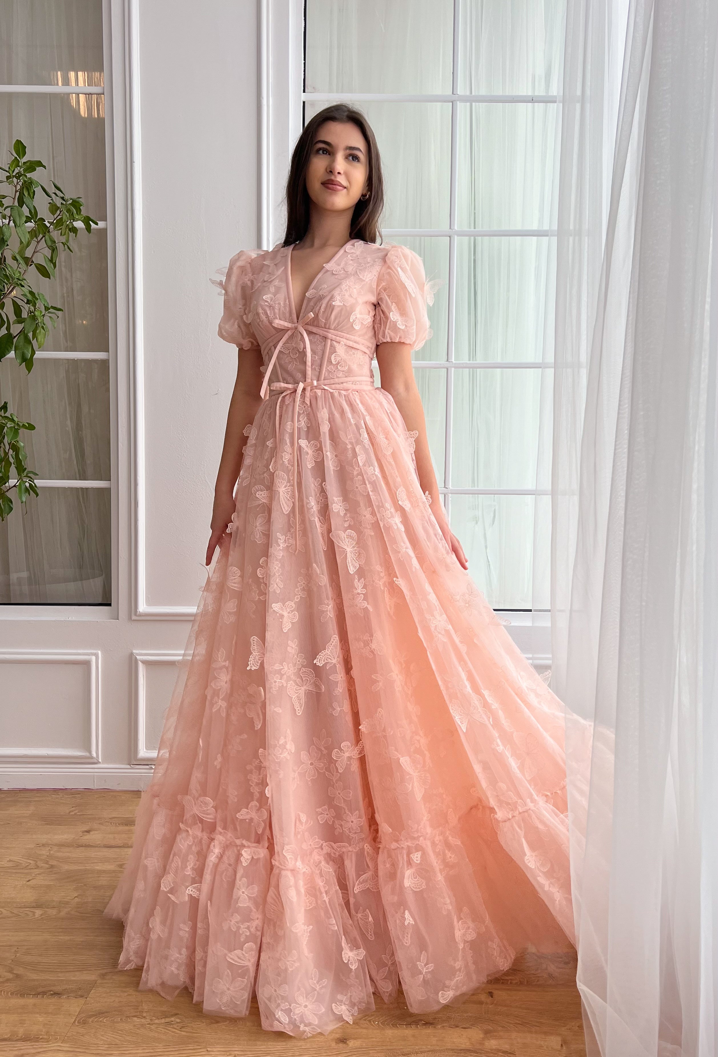 Pink Floral Lace Off-the-Shoulder Ball Gown with Cape Sleeves