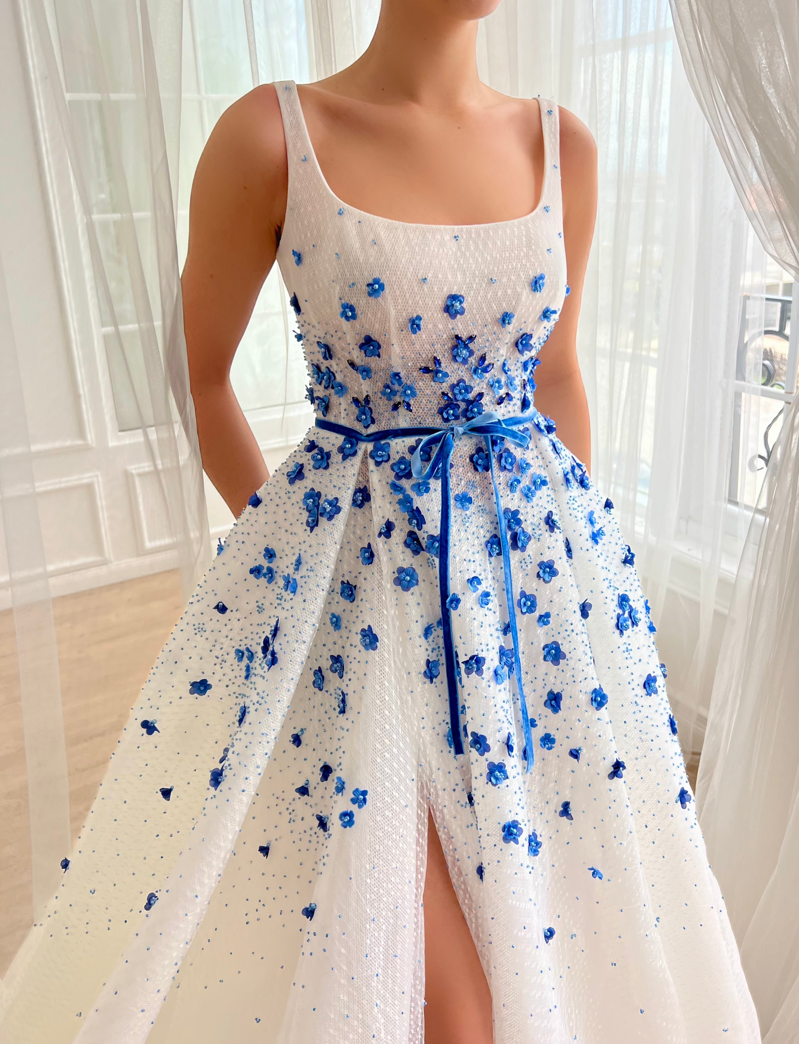 White A-Line dress with straps, embroidery and dotted fabric