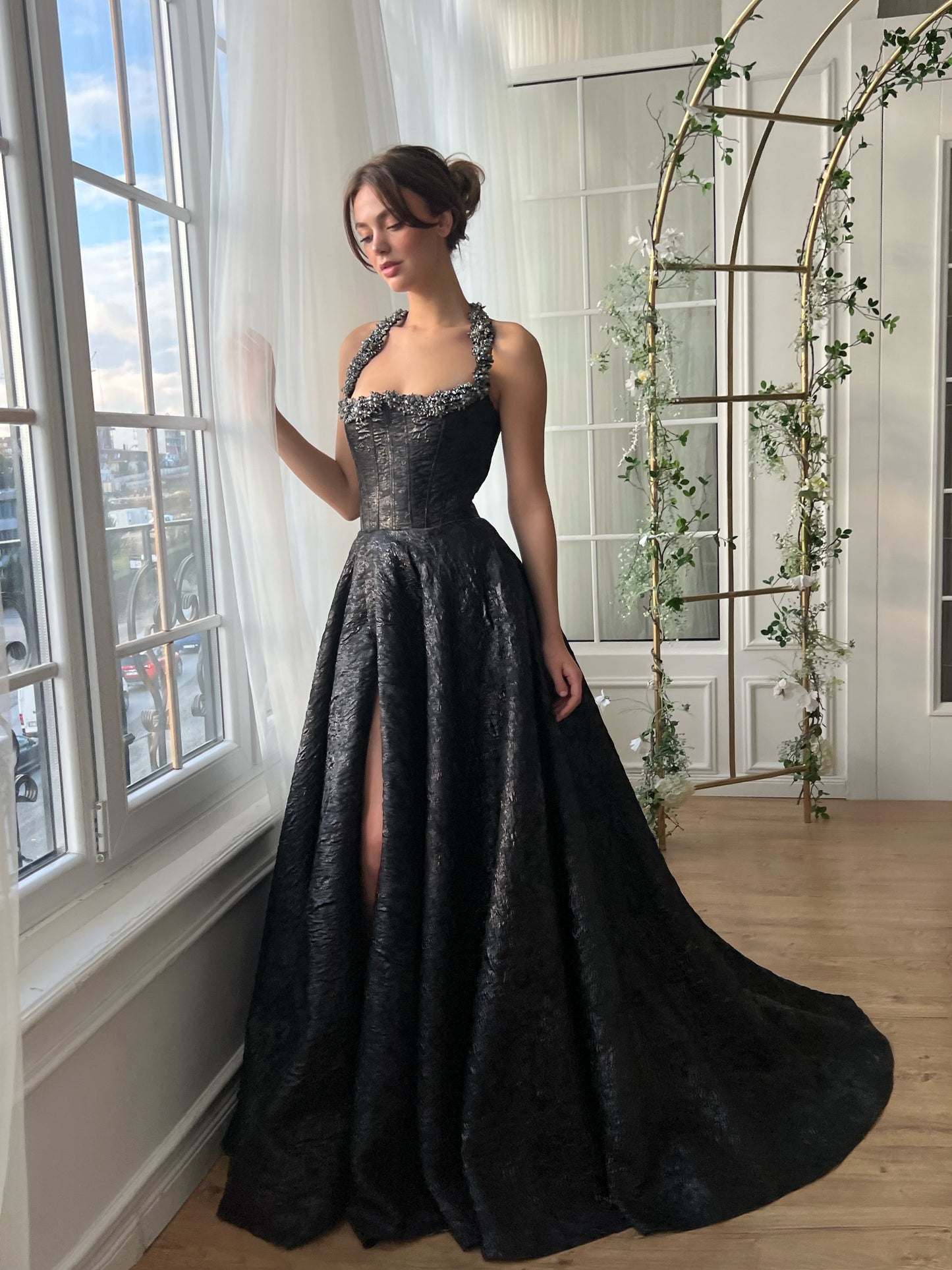 Black A-Line gown with straps and embroidery