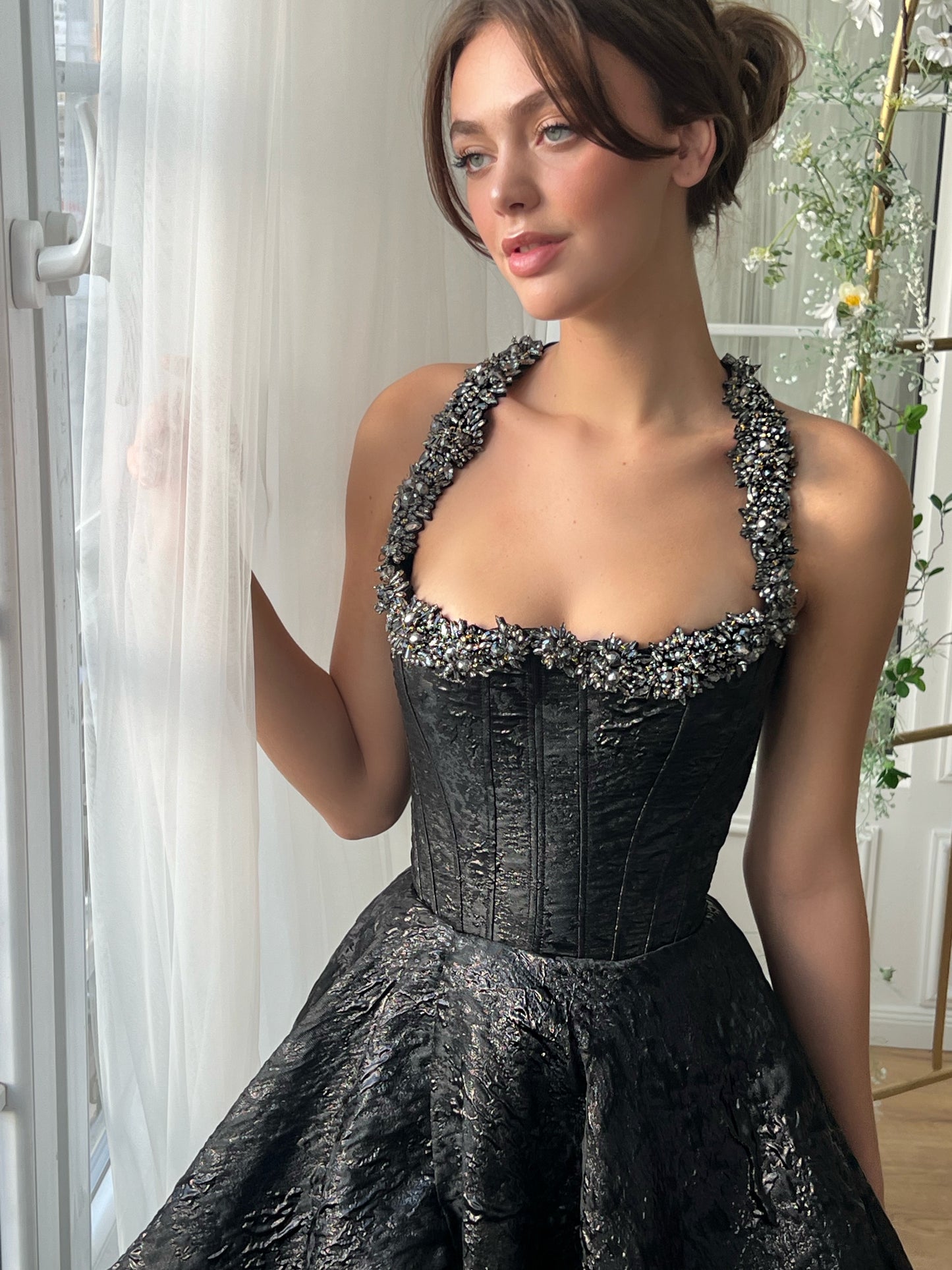 Black A-Line gown with straps and embroidery