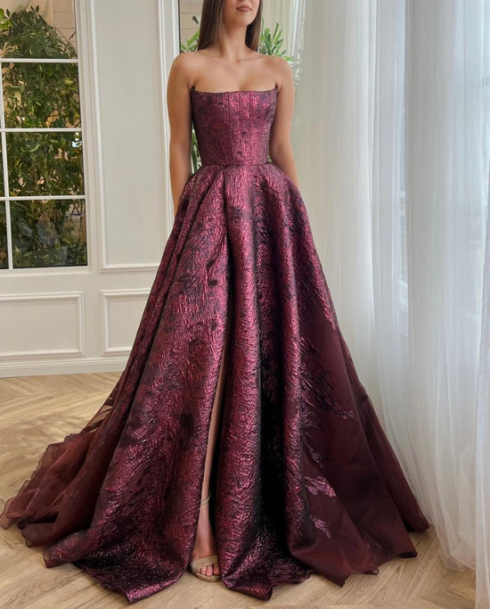 Bordeaux Brocade Ball Gown | Teuta Matoshi