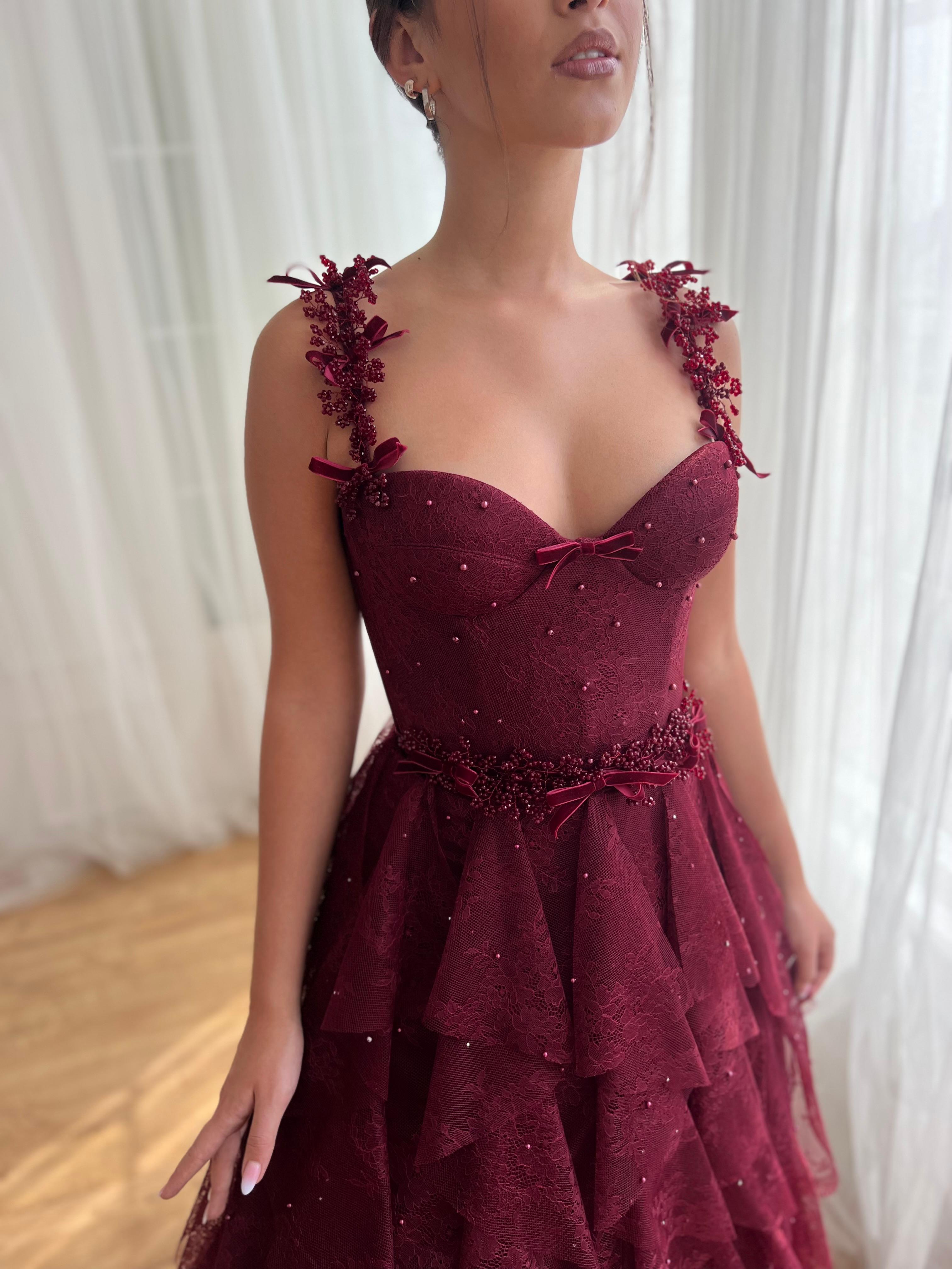 Red A-Line dress with straps and embroidery