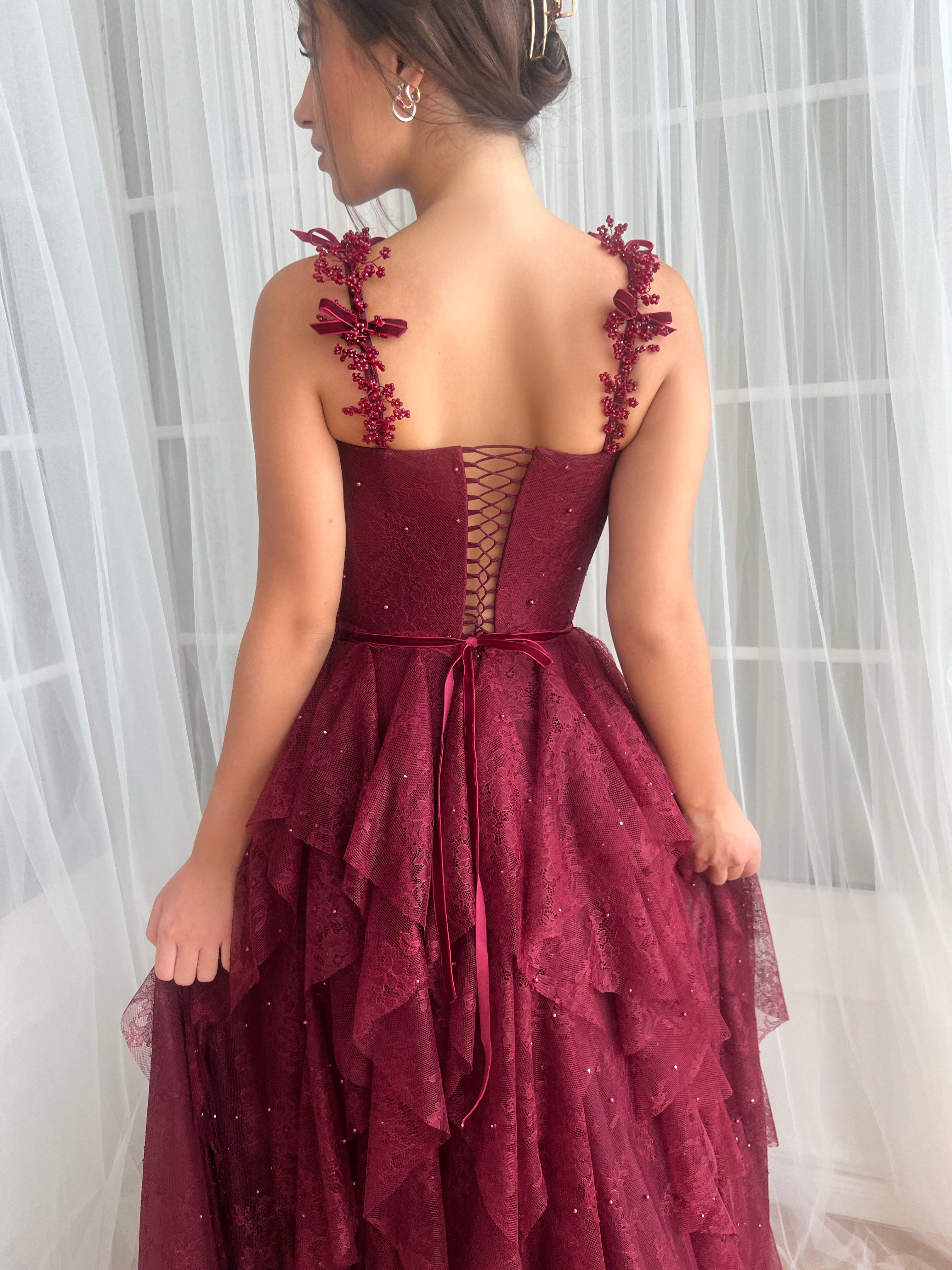 Red A-Line dress with straps and embroidery