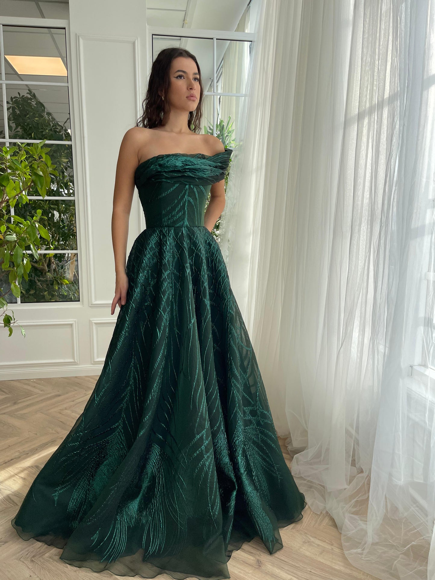 Green A-Line dress with one shoulder sleeve