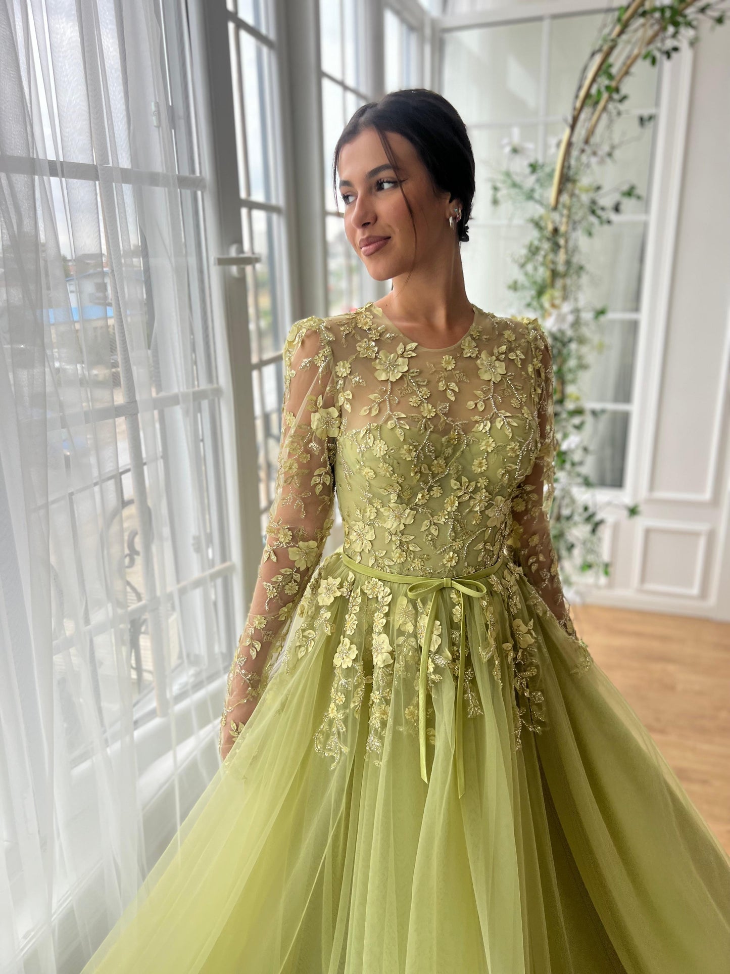 Green A-Line dress with long sleeves and embroidery