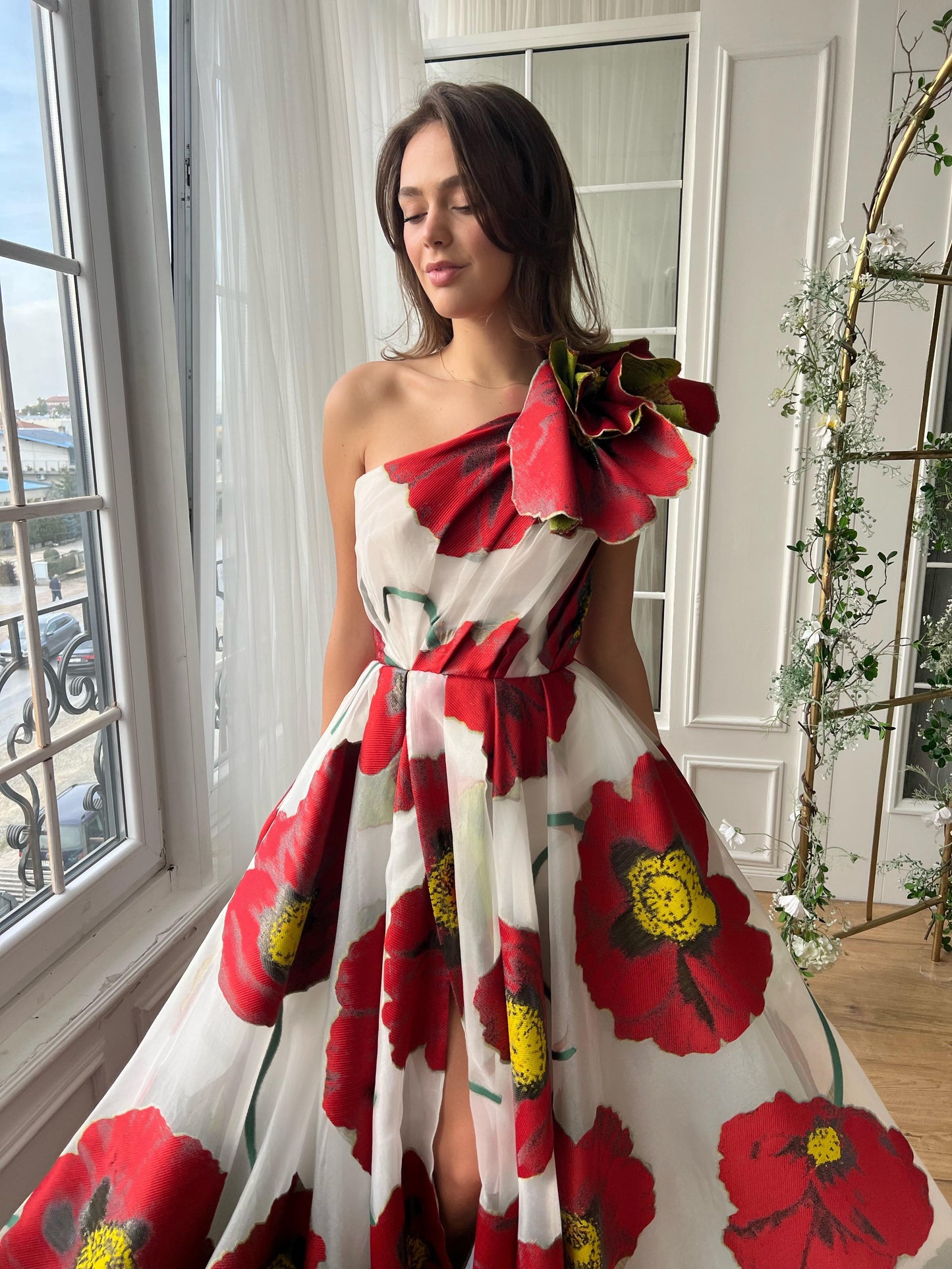 Red and white A-Line gown with one shoulder sleeve, embroidery and printed floral fabric