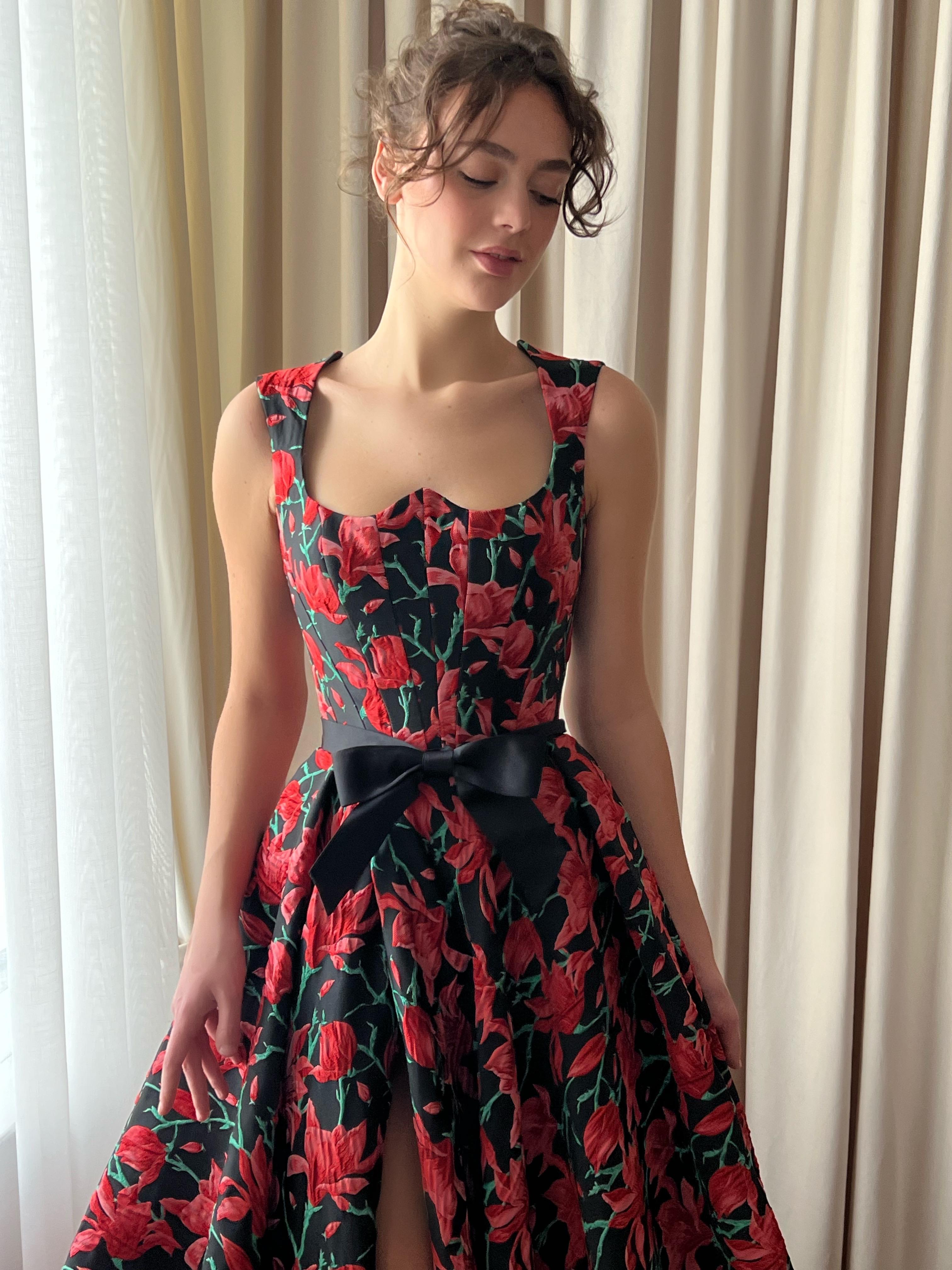 Red and Black A-Line dress with straps and printed floral fabric