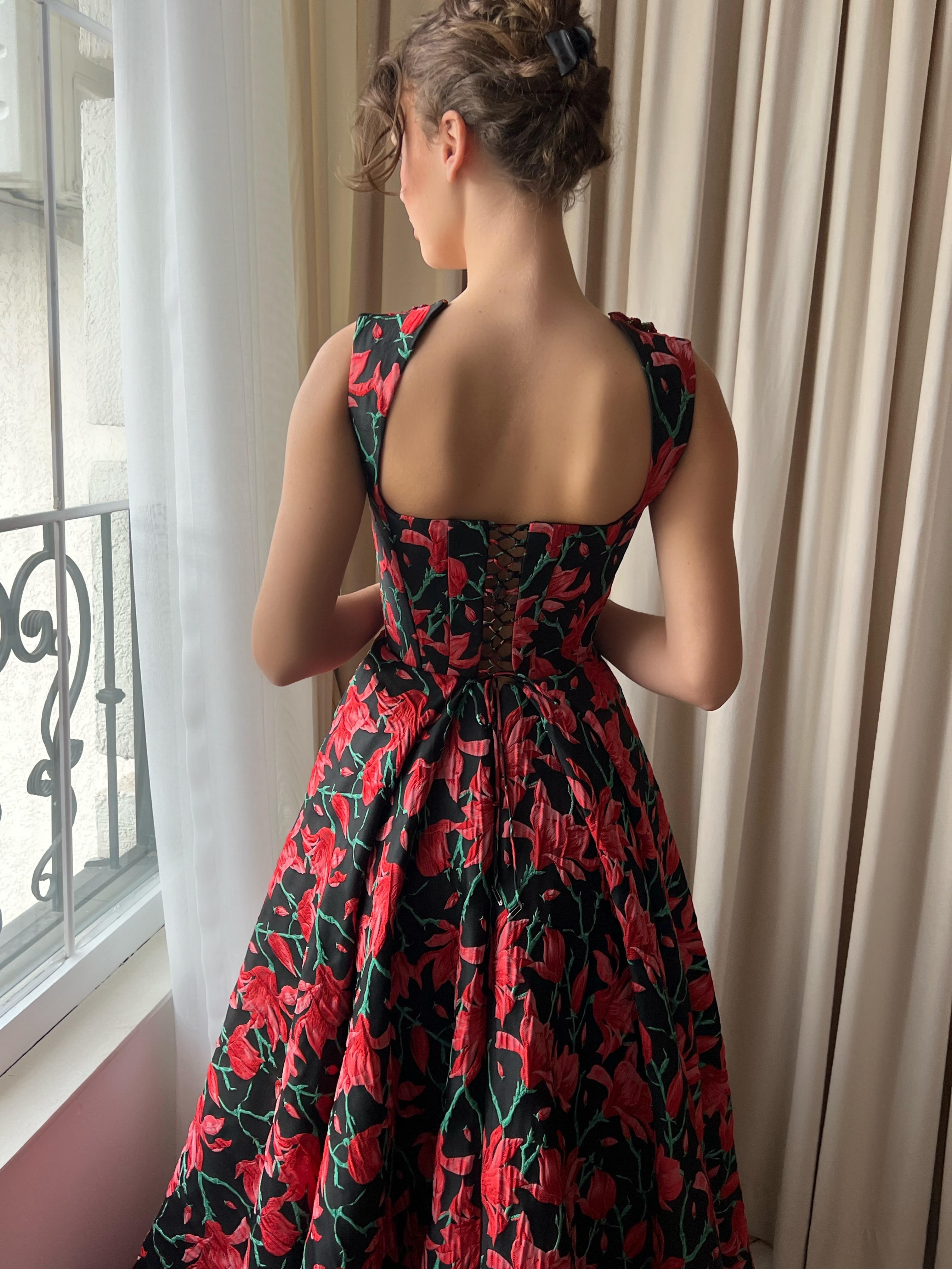 Red and Black A-Line dress with straps and printed floral fabric