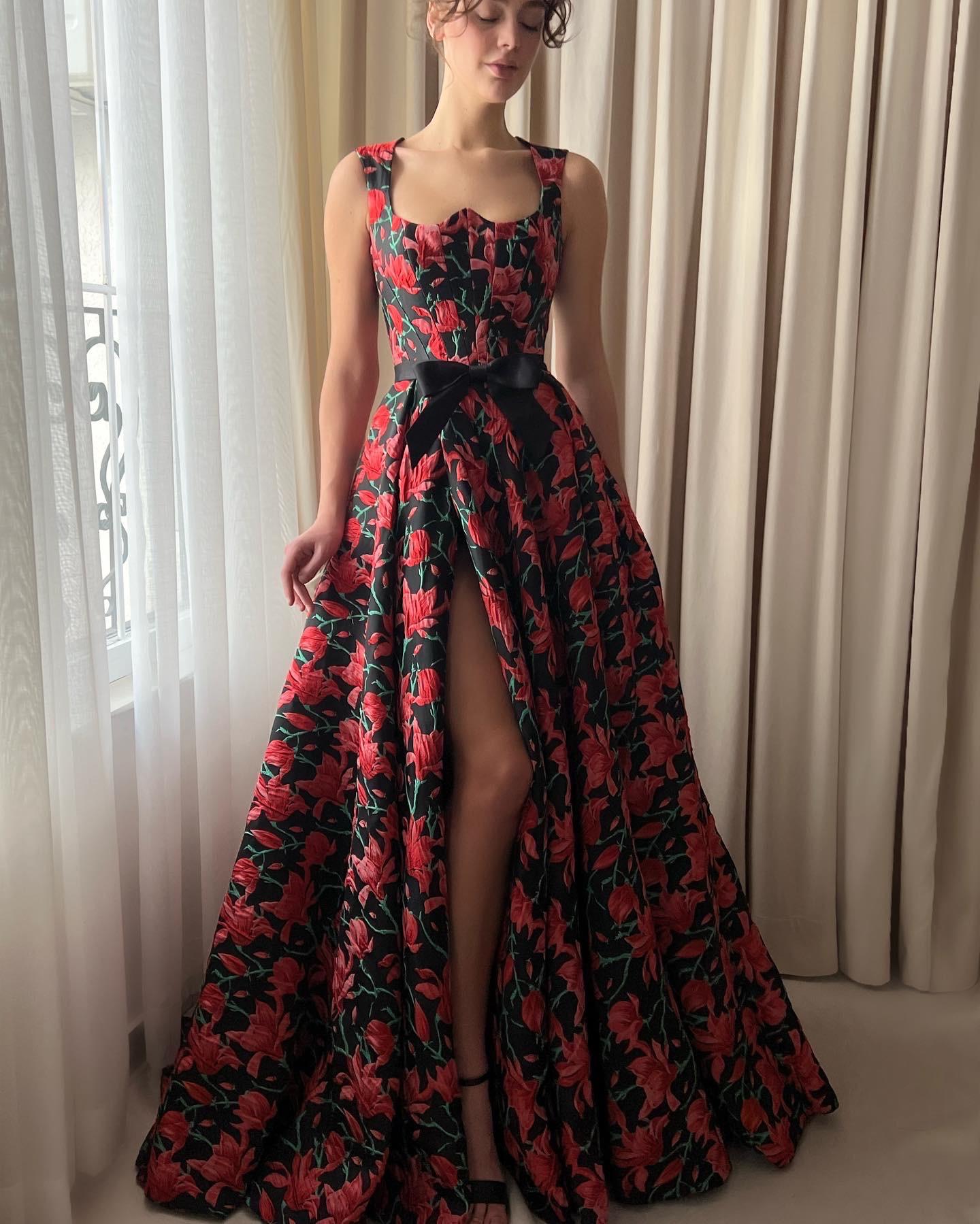 Red and Black A-Line dress with straps and printed floral fabric