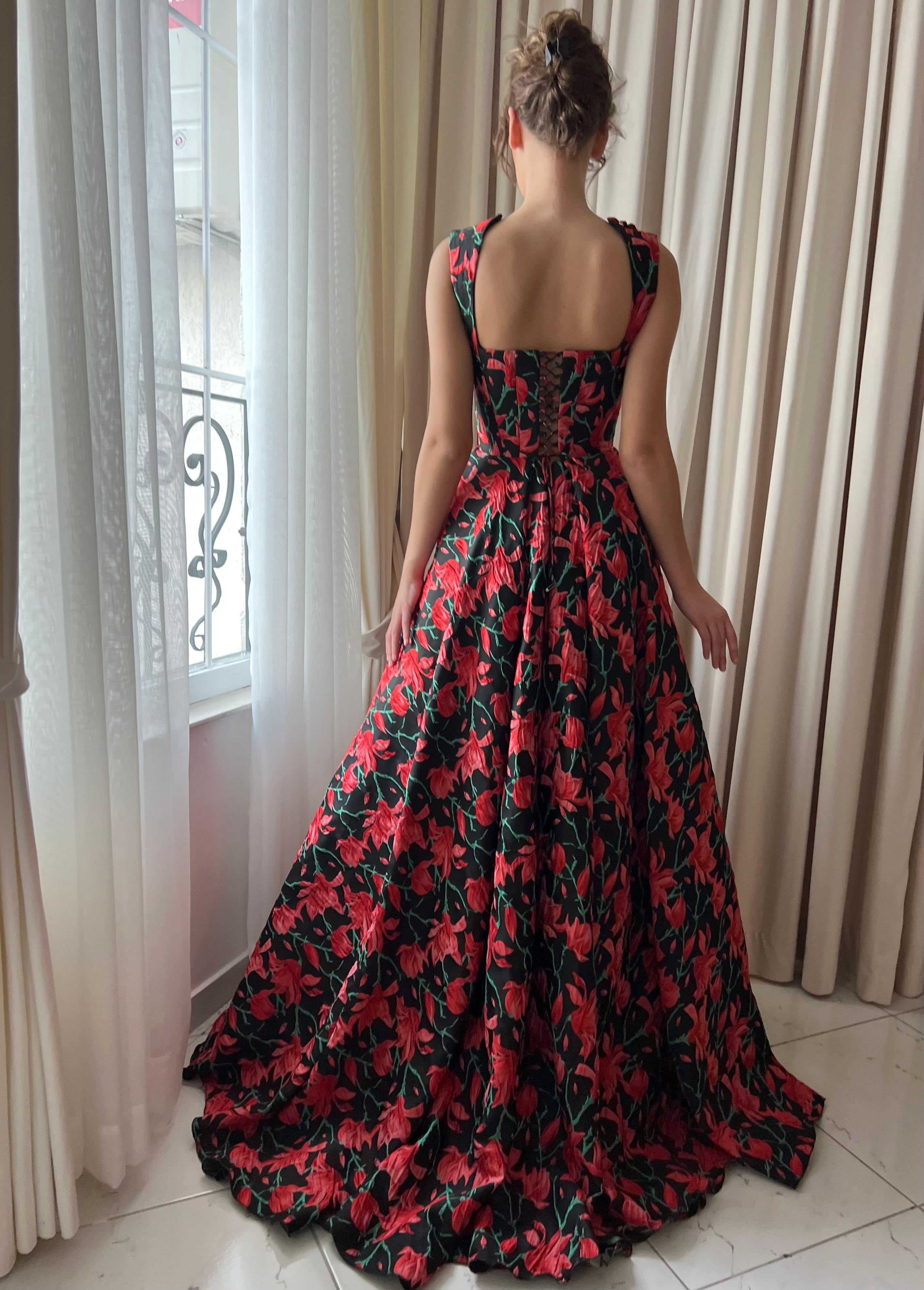 Red and Black A-Line dress with straps and printed floral fabric