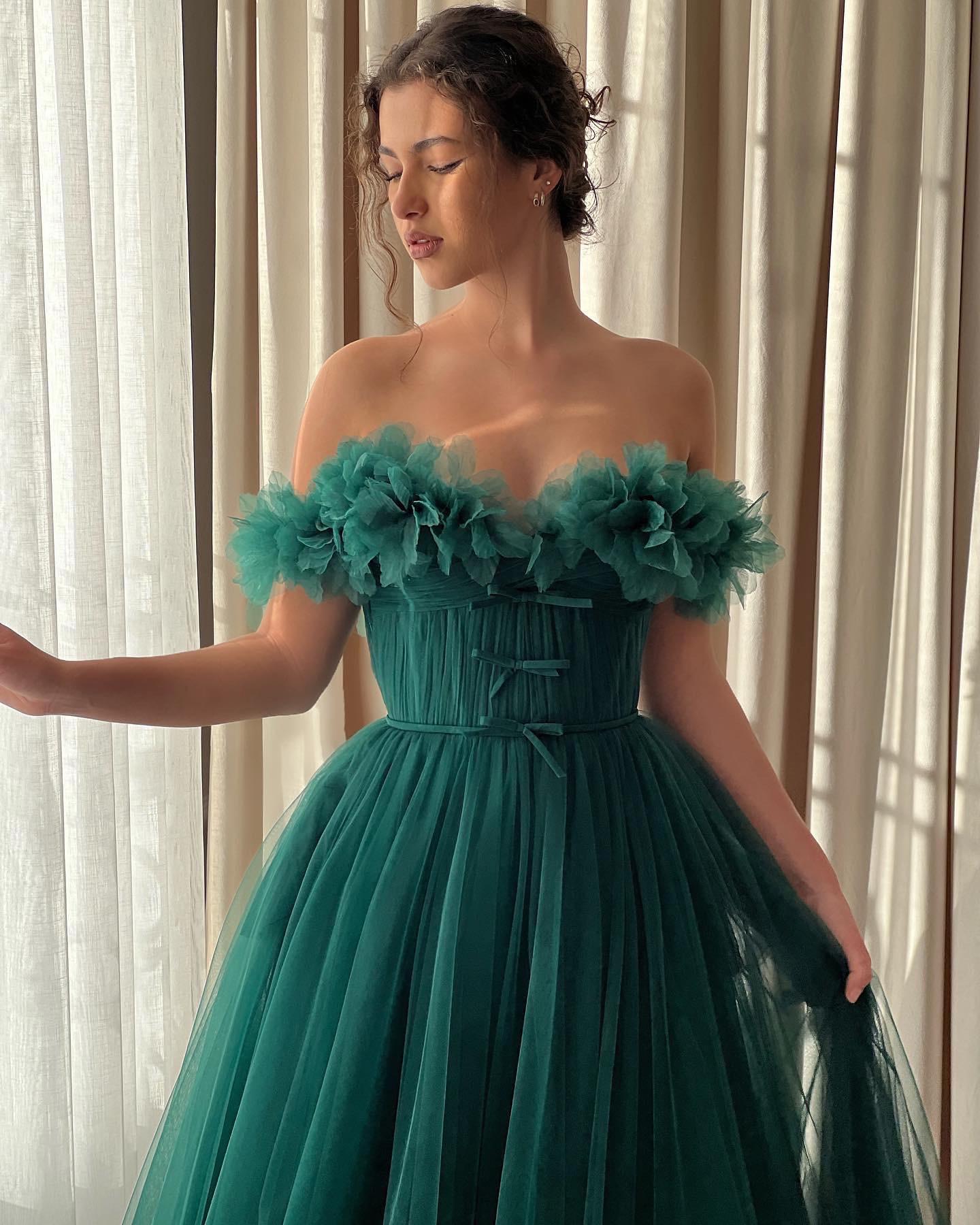 Green A-Line dress with off the shoulder sleeves and embroidery