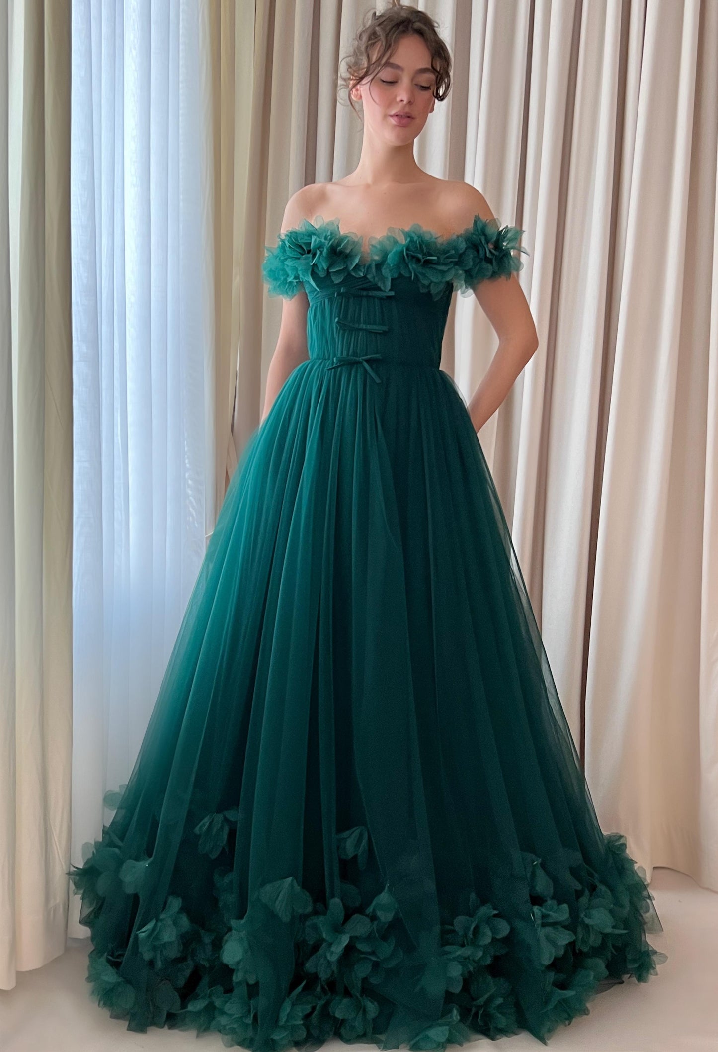 Green A-Line dress with off the shoulder sleeves and embroidery