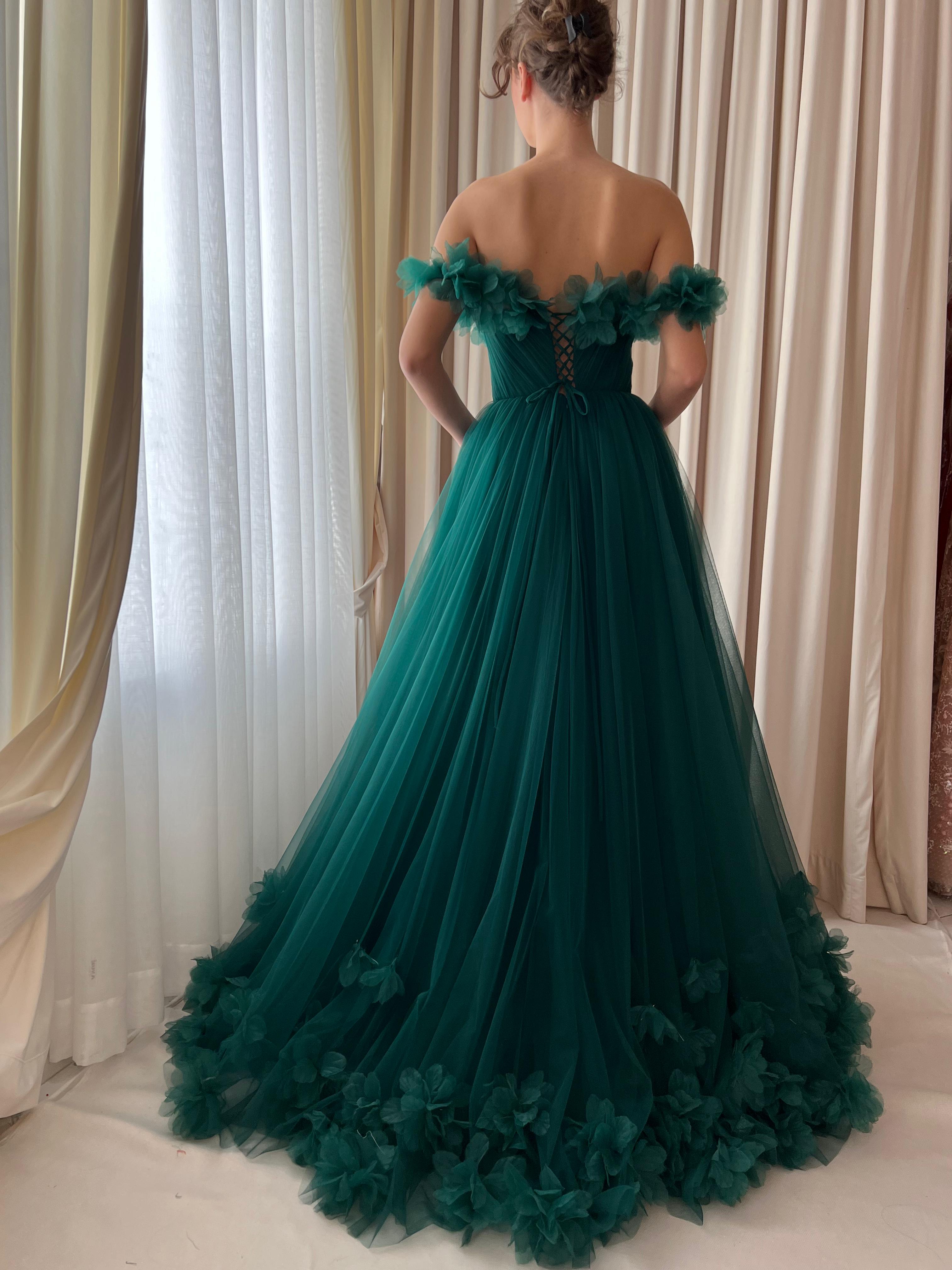 Green A-Line dress with off the shoulder sleeves and embroidery