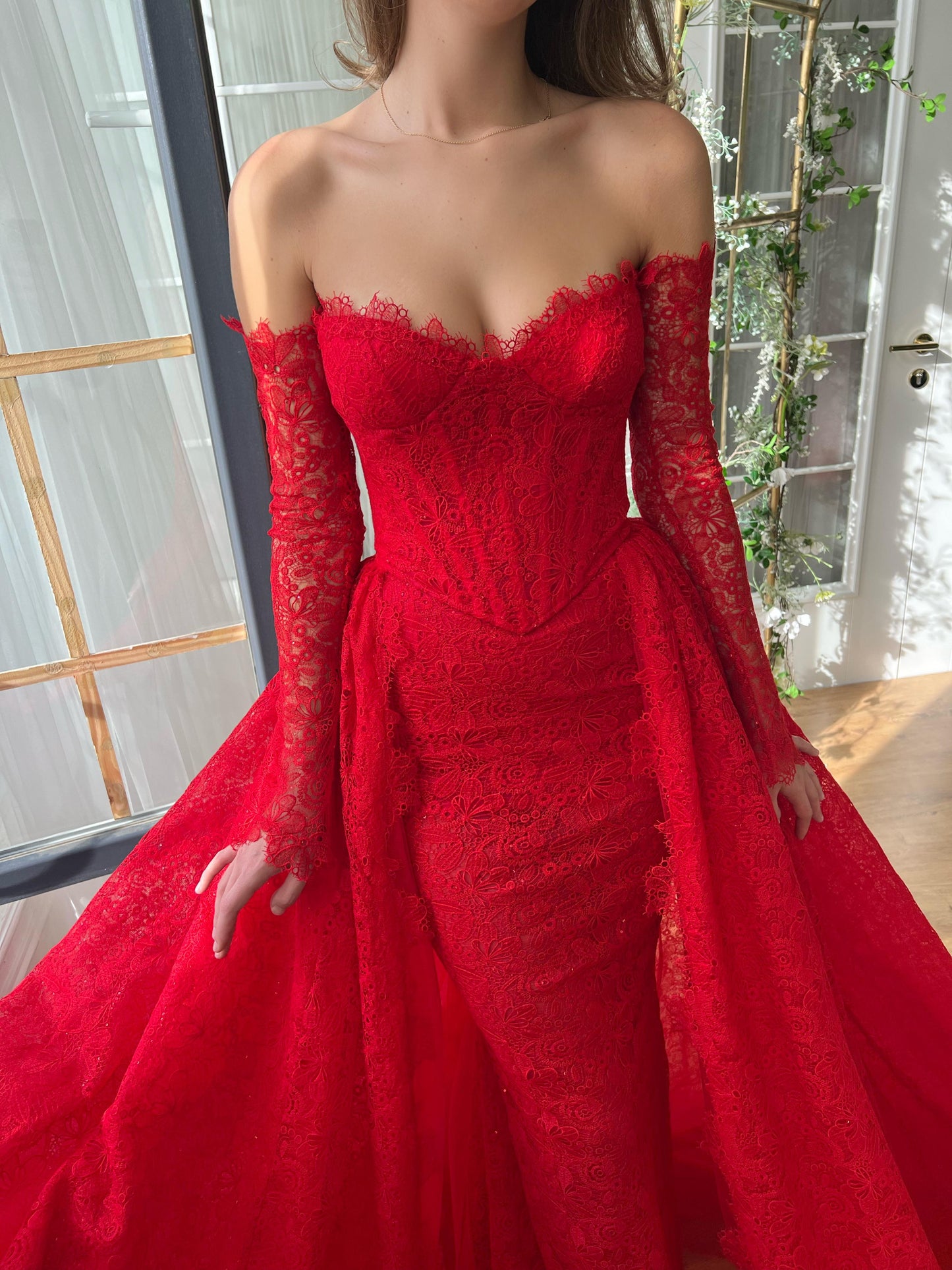 Red A-Line dress with long off the shoulder sleeves, overskirt and lace