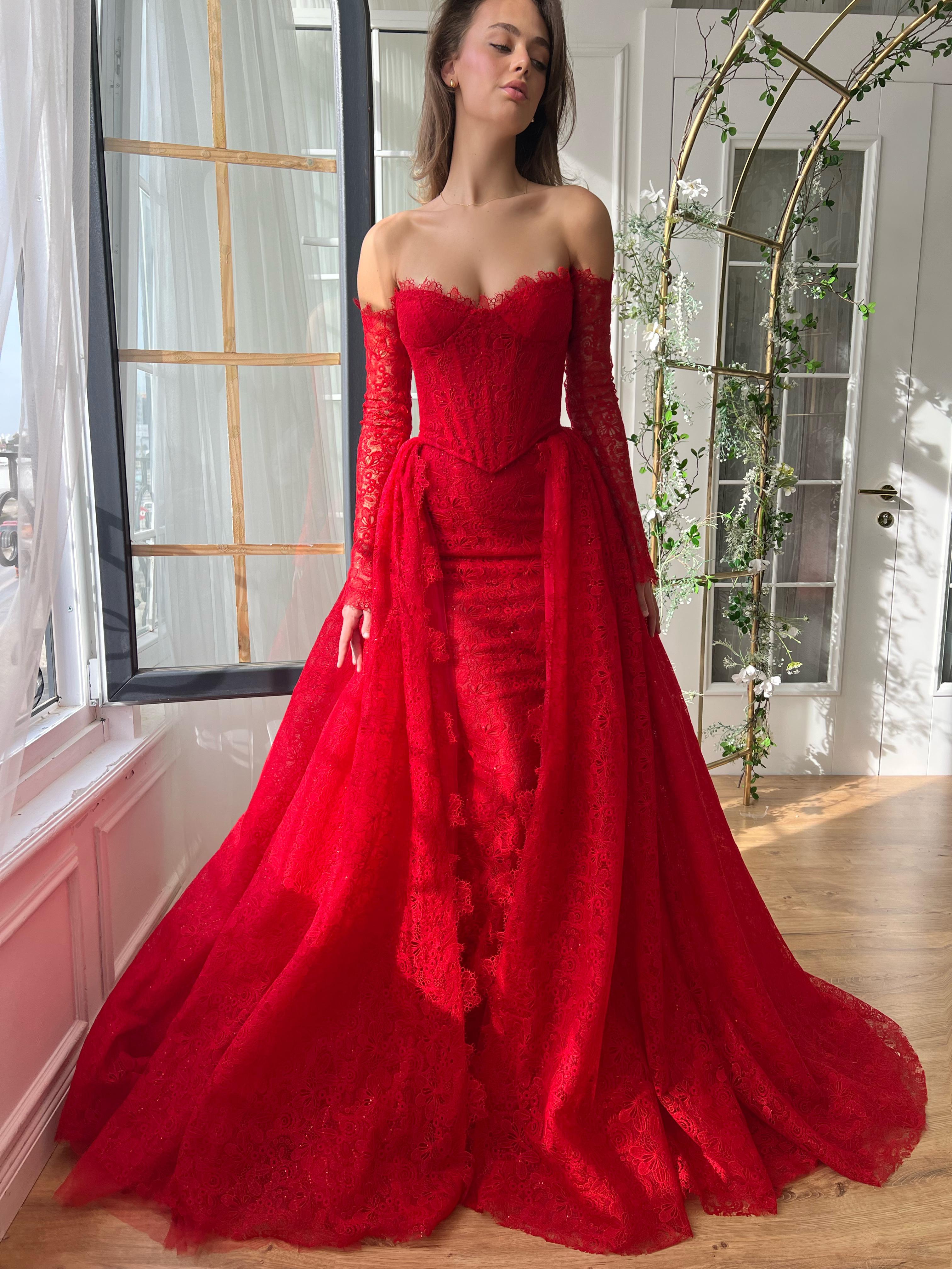 Red A-Line dress with long off the shoulder sleeves, overskirt and lace