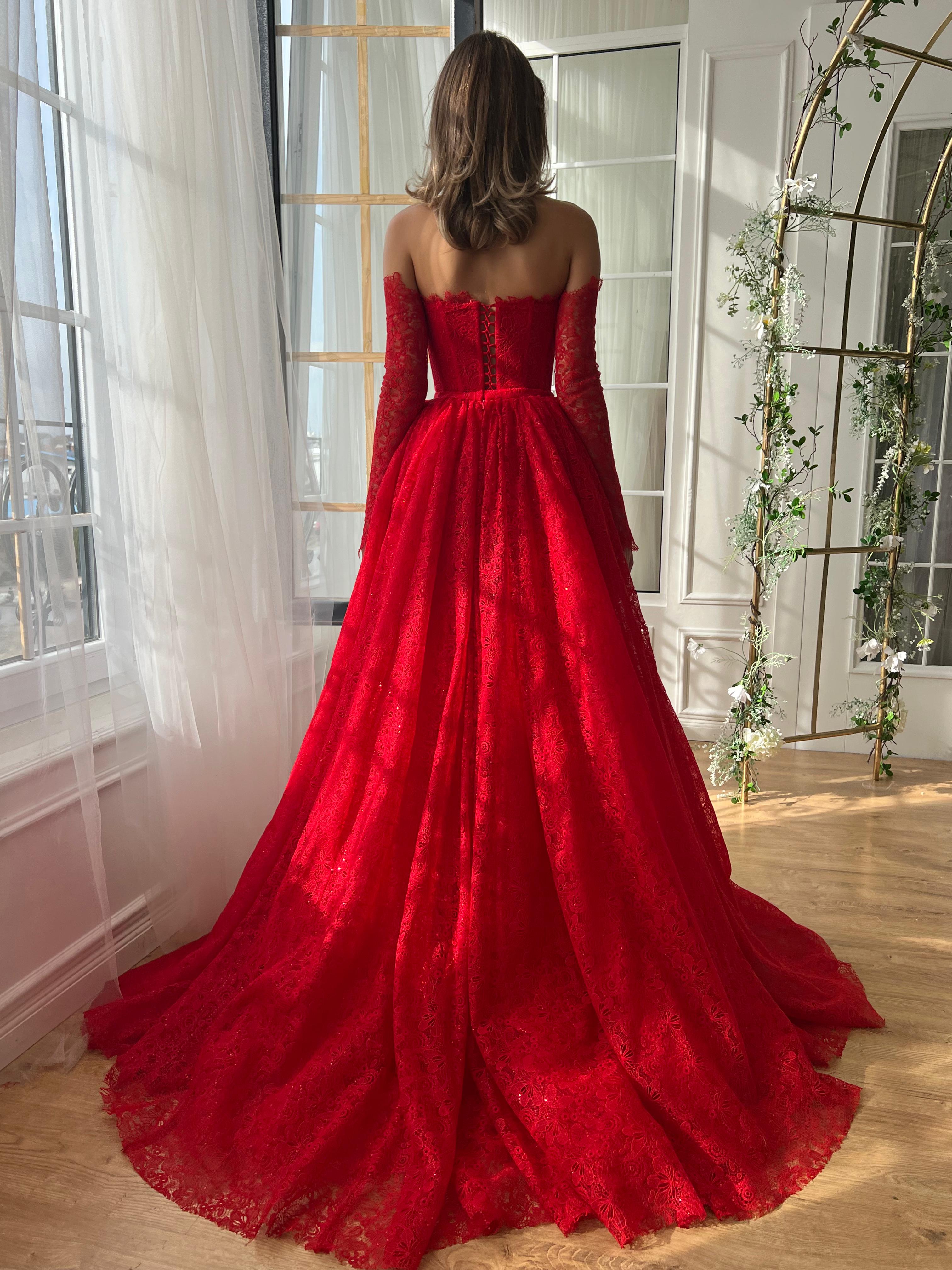 Red A-Line dress with long off the shoulder sleeves, overskirt and lace