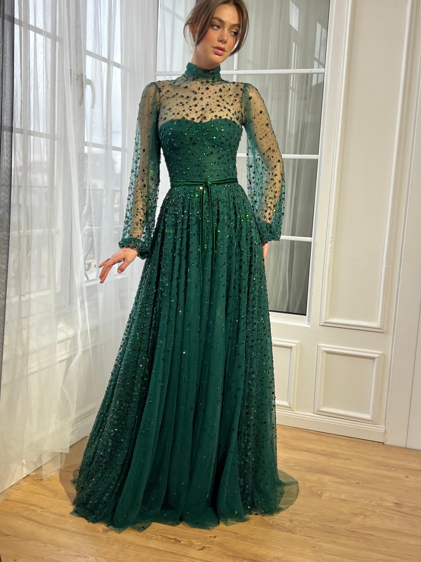 Green A-Line dress with long sleeves and beads