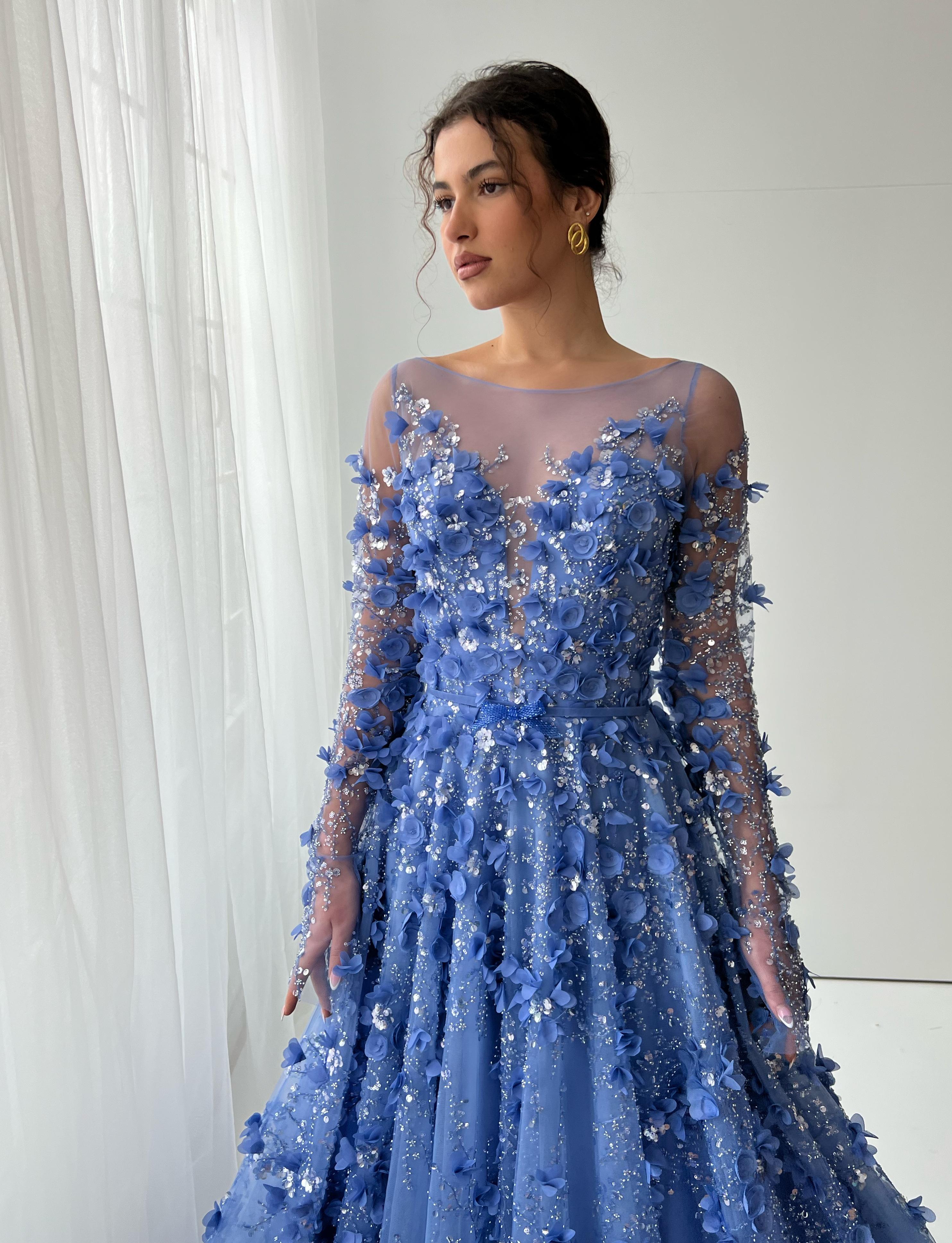 Blue A-Line dress with embroidery, v-neck and long sleeves