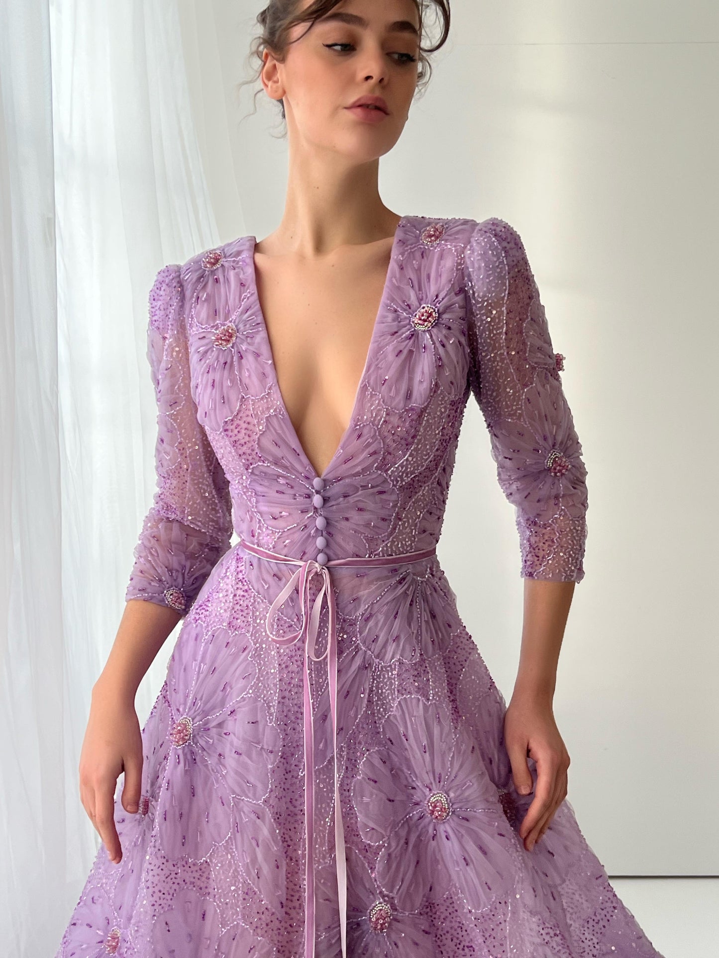 Purple A-Line dress with long sleeves, buttons, embroidery and v-neck