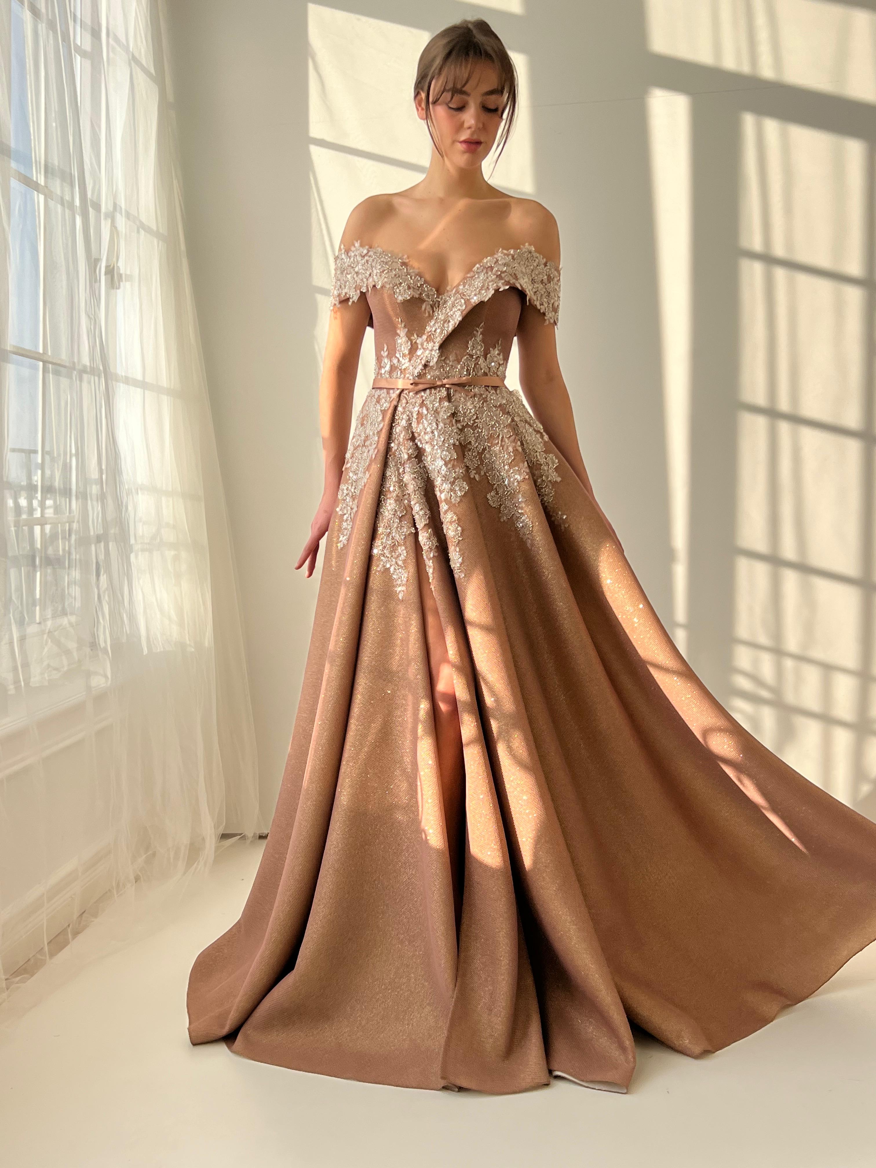 Brown A-Line dress with off the shoulder sleeves and embroidery