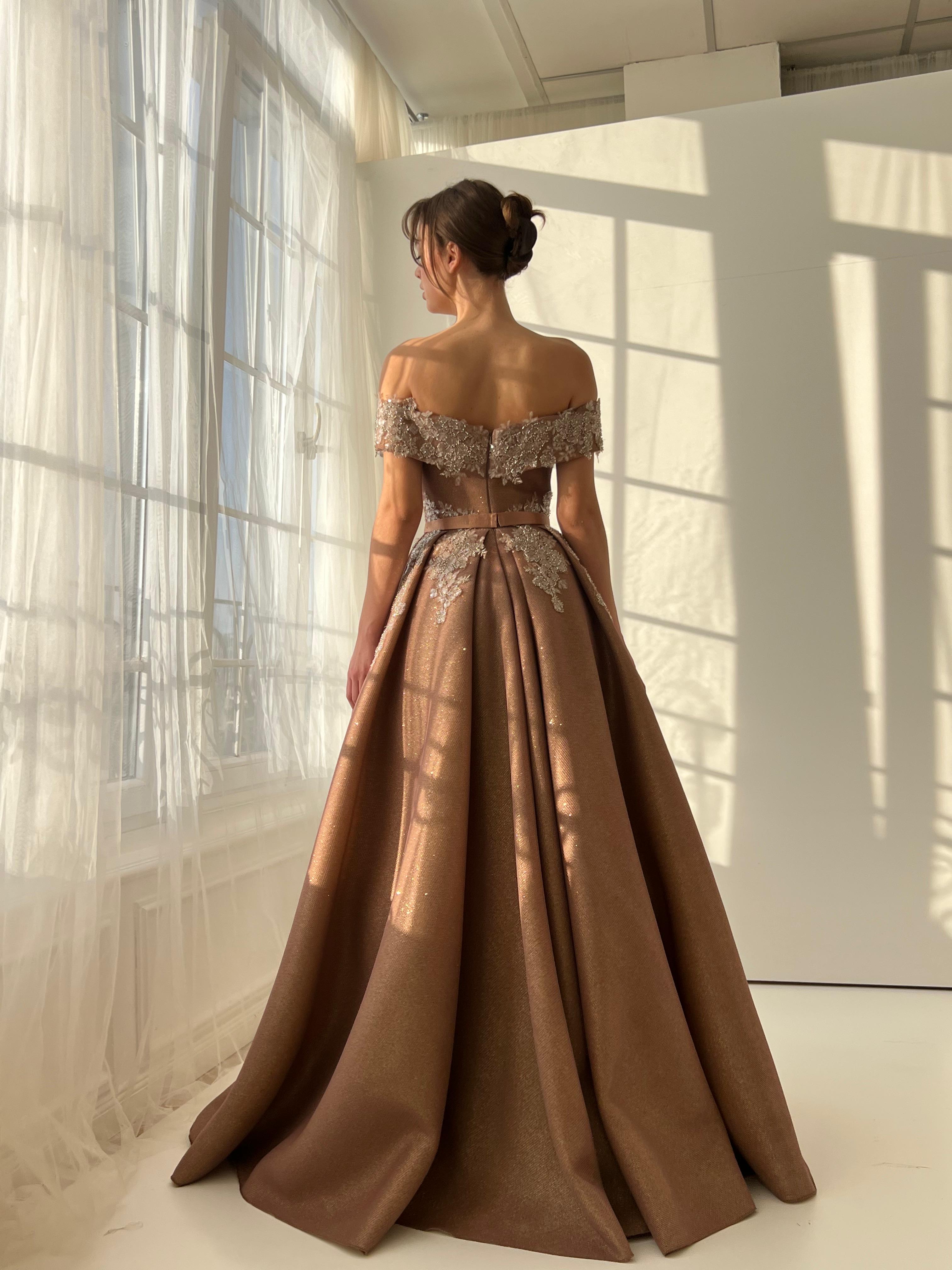 Brown A-Line dress with off the shoulder sleeves and embroidery