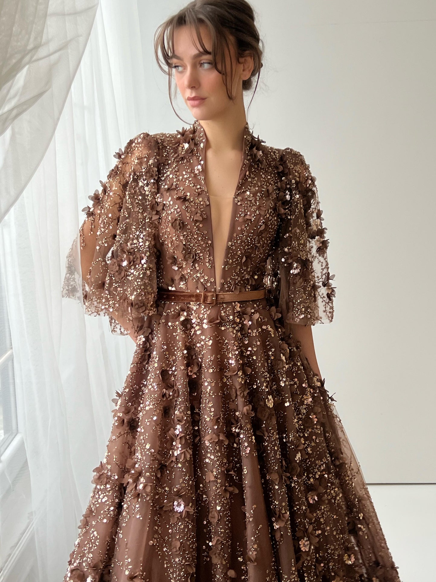 Brown A-Line dress with v-neck, belt, embroidery and short sleeves