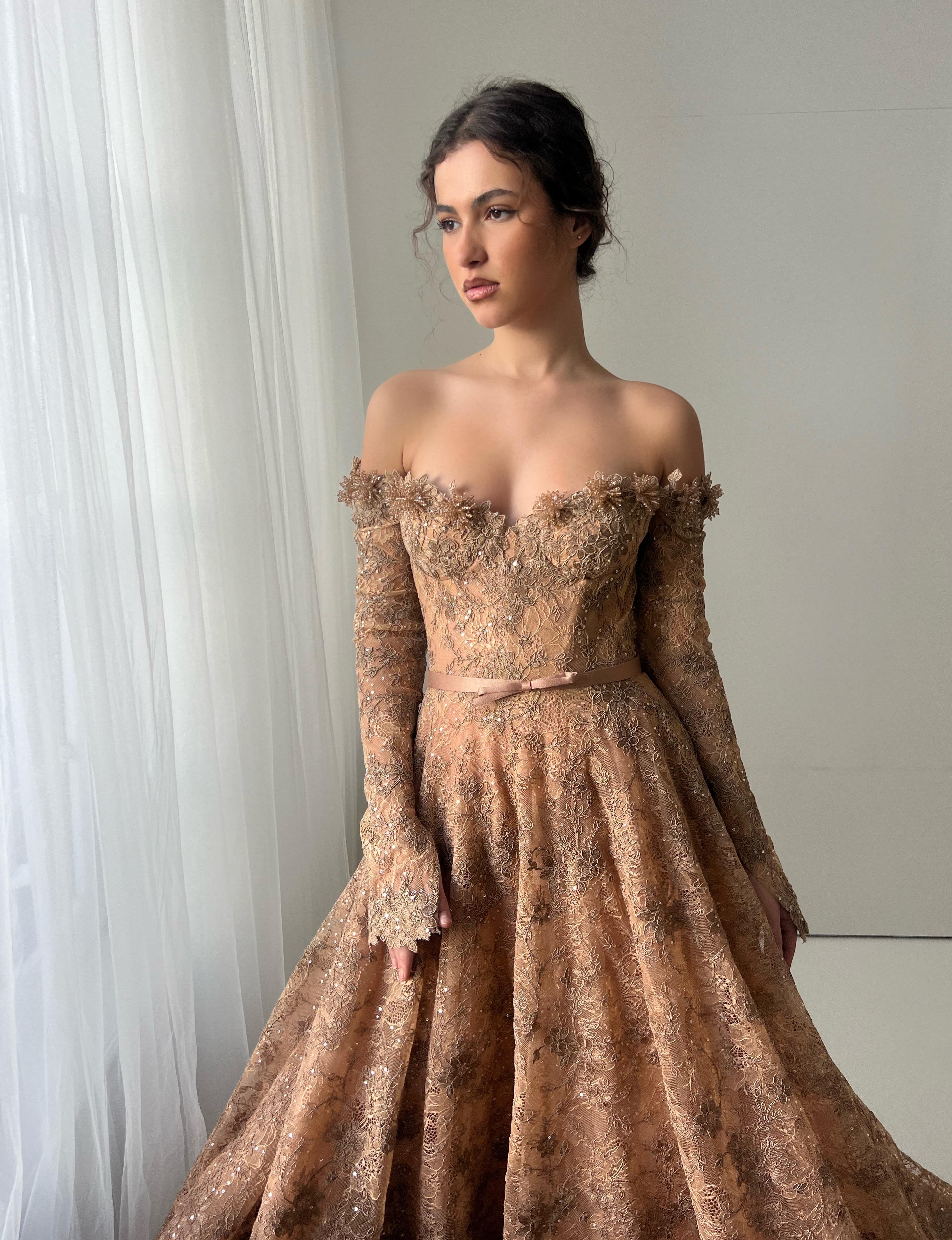 Brown A-Line gown with long off the shoulder sleeves and embroidery