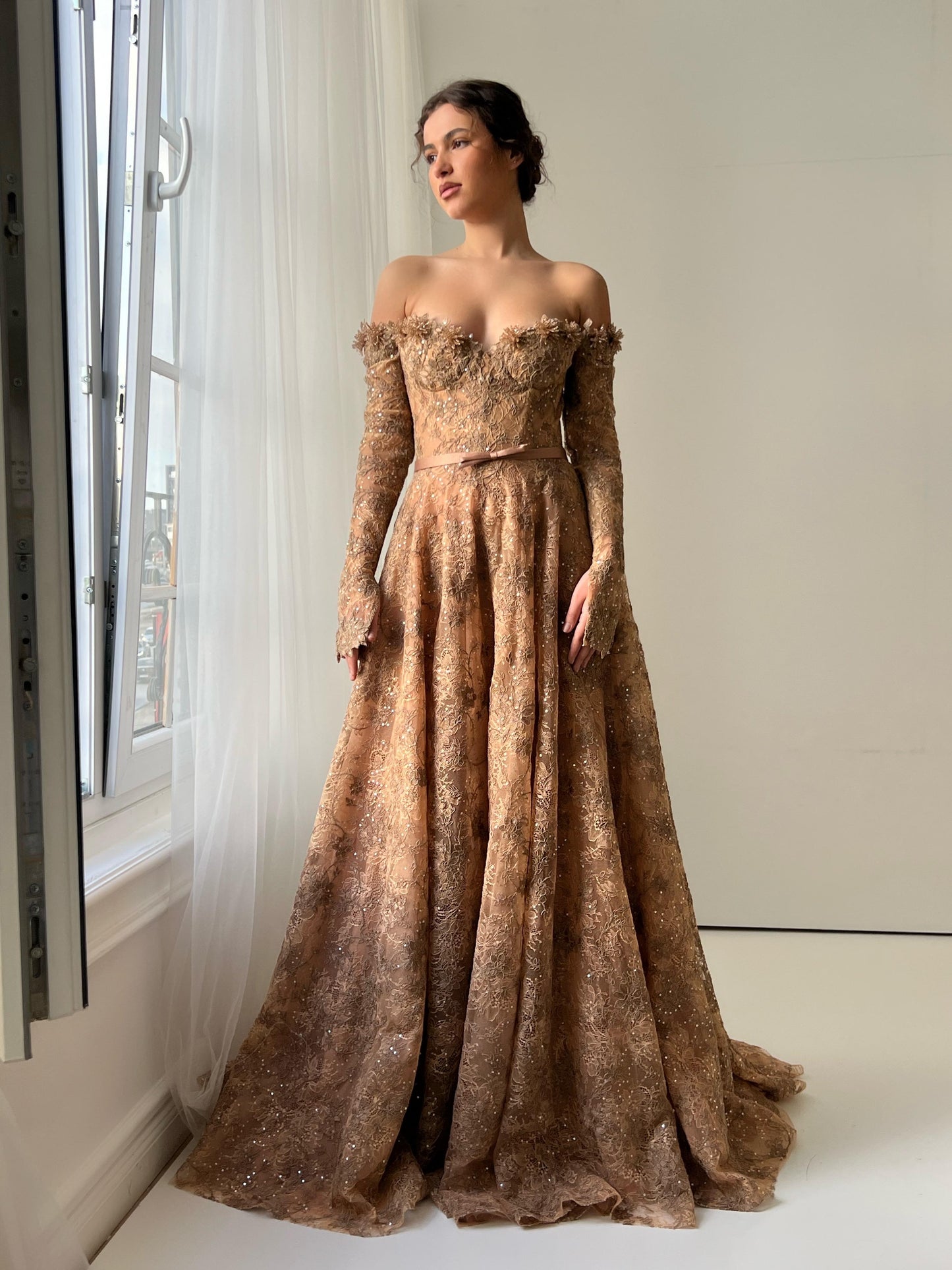 Brown A-Line gown with long off the shoulder sleeves and embroidery