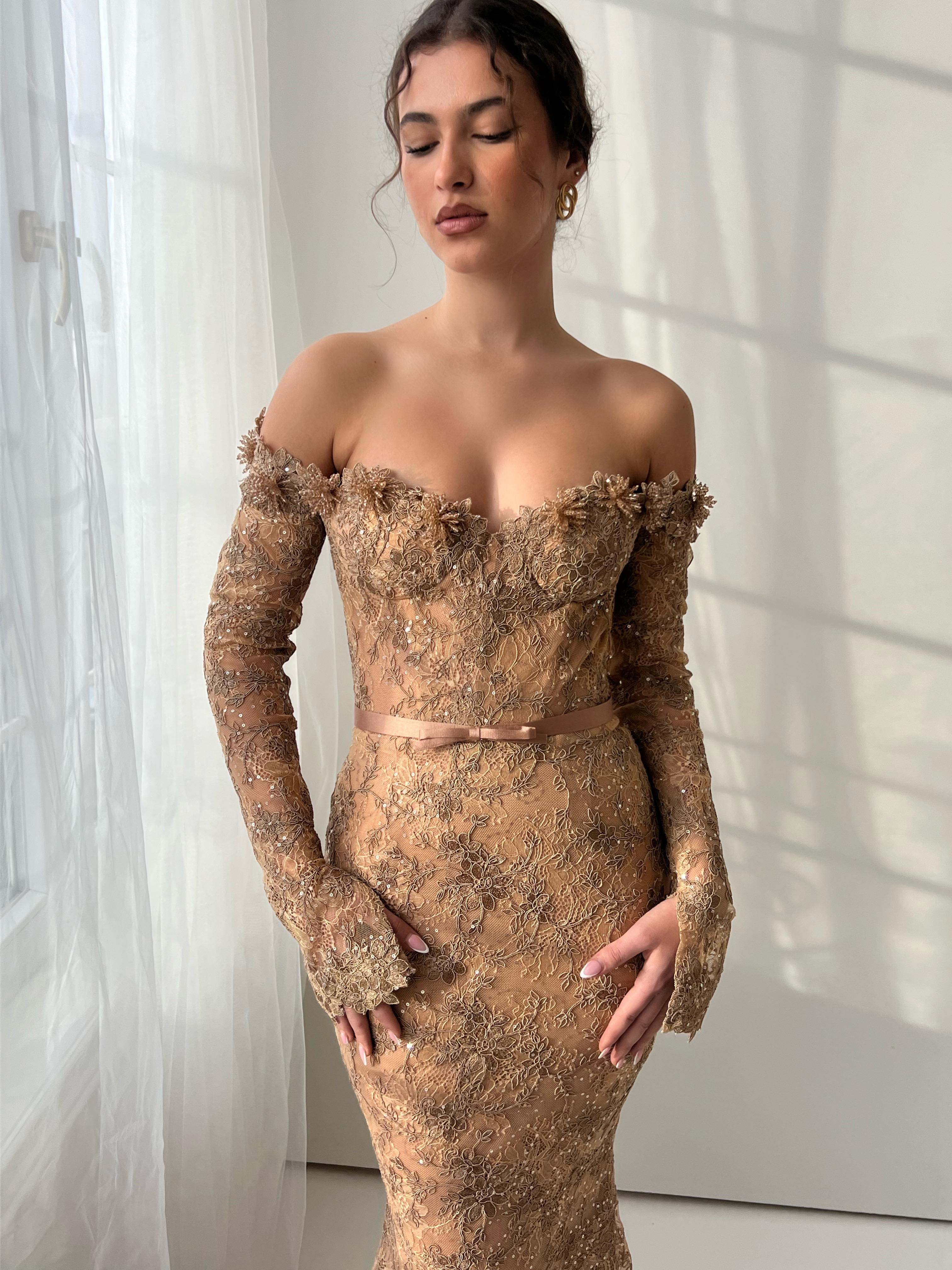 Brown mermaid dress with long off the shoulder sleeves and embroidery