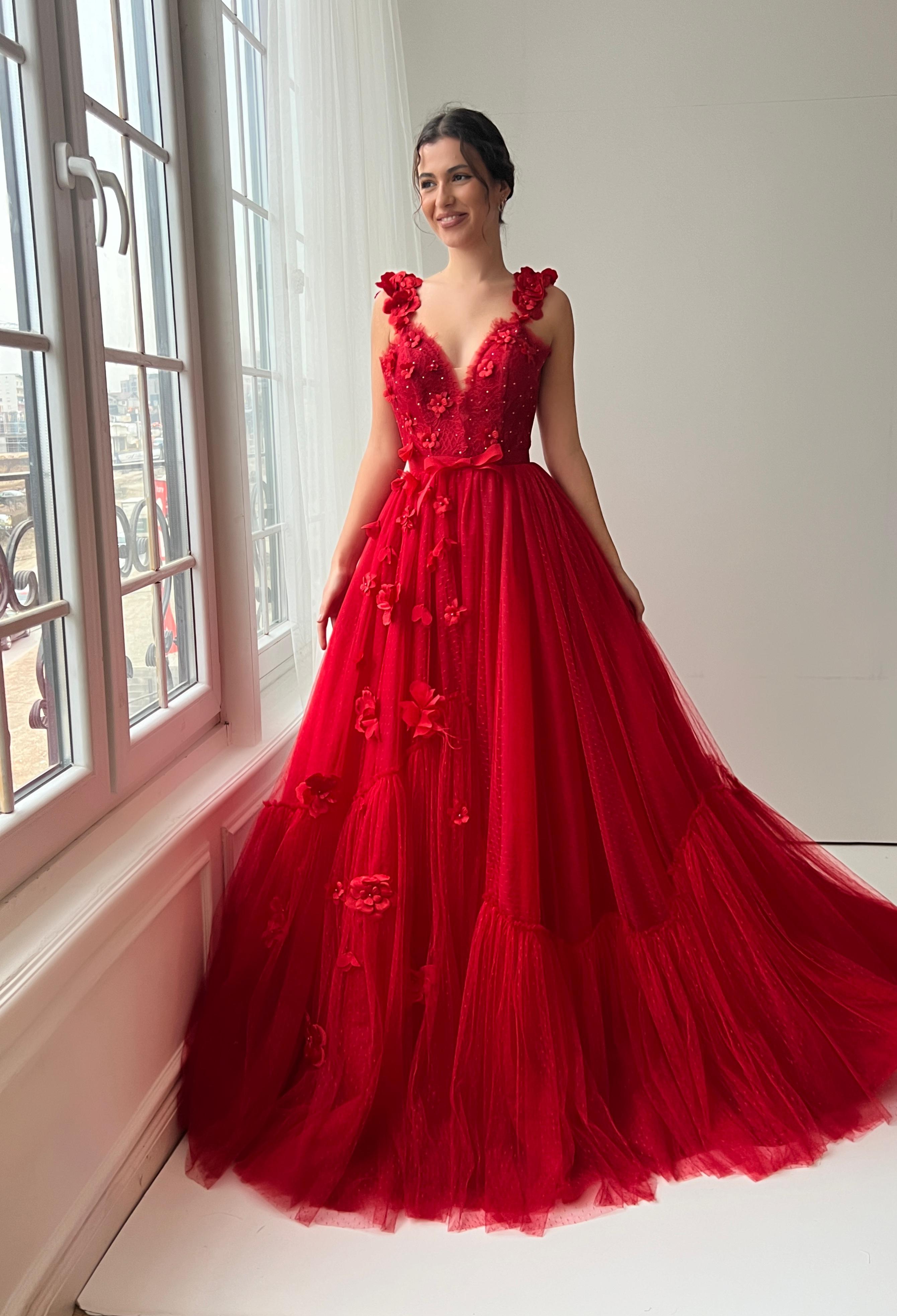 Red A-Line dress with straps, v-neck and embroidery