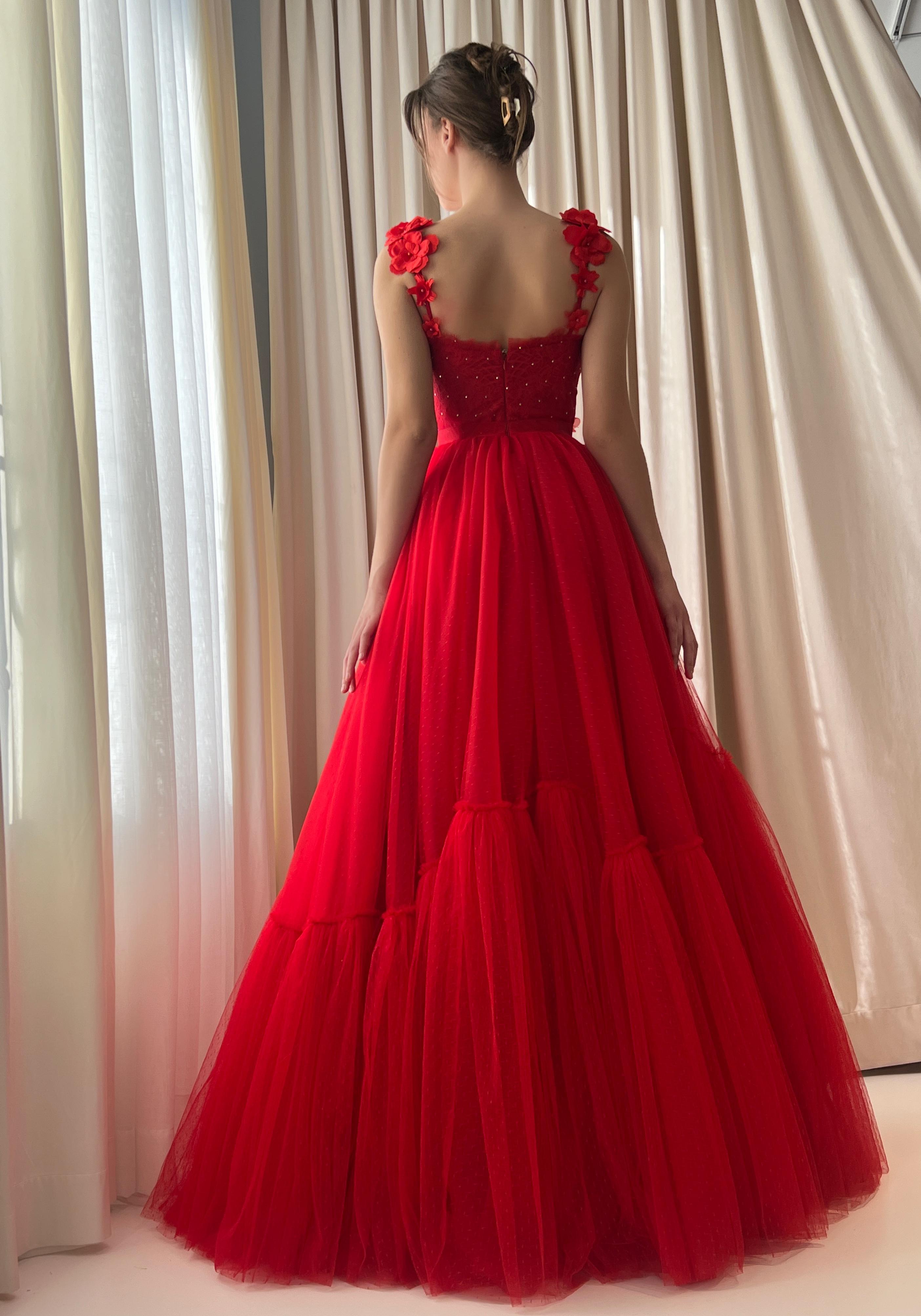 Red A-Line dress with straps, v-neck and embroidery