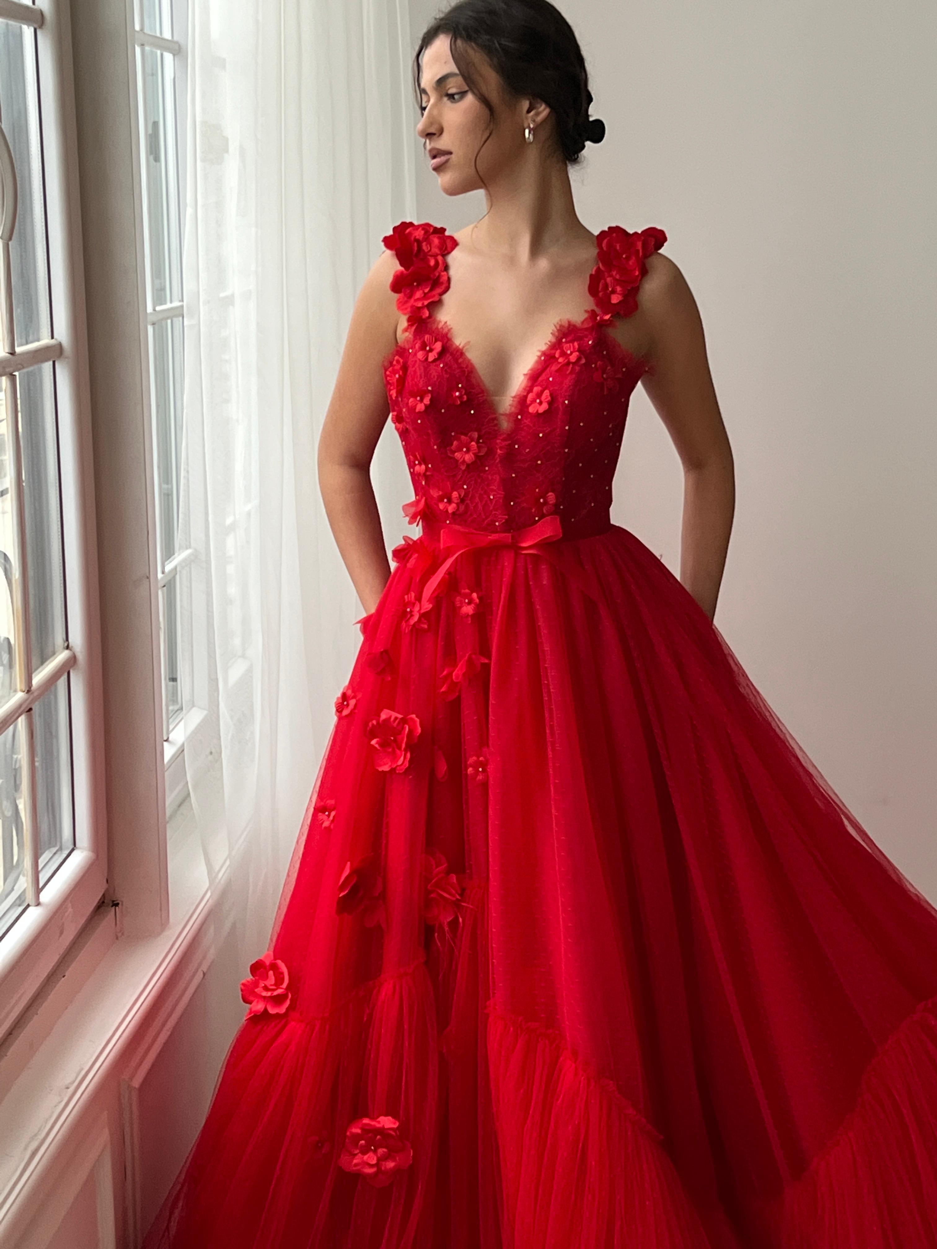 Red A-Line dress with straps, v-neck and embroidery