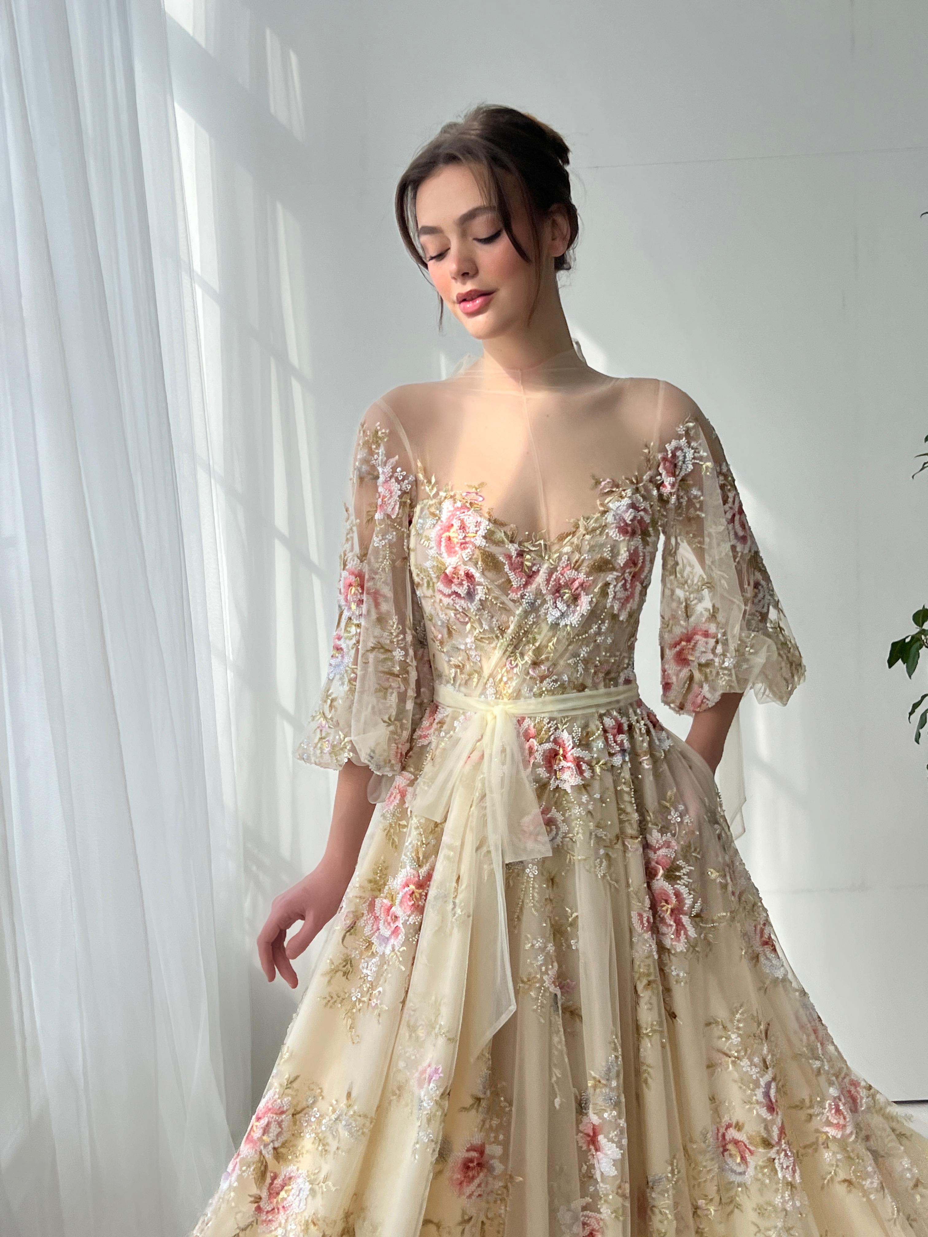 Beige A-Line dress with long sleeves and embroidery