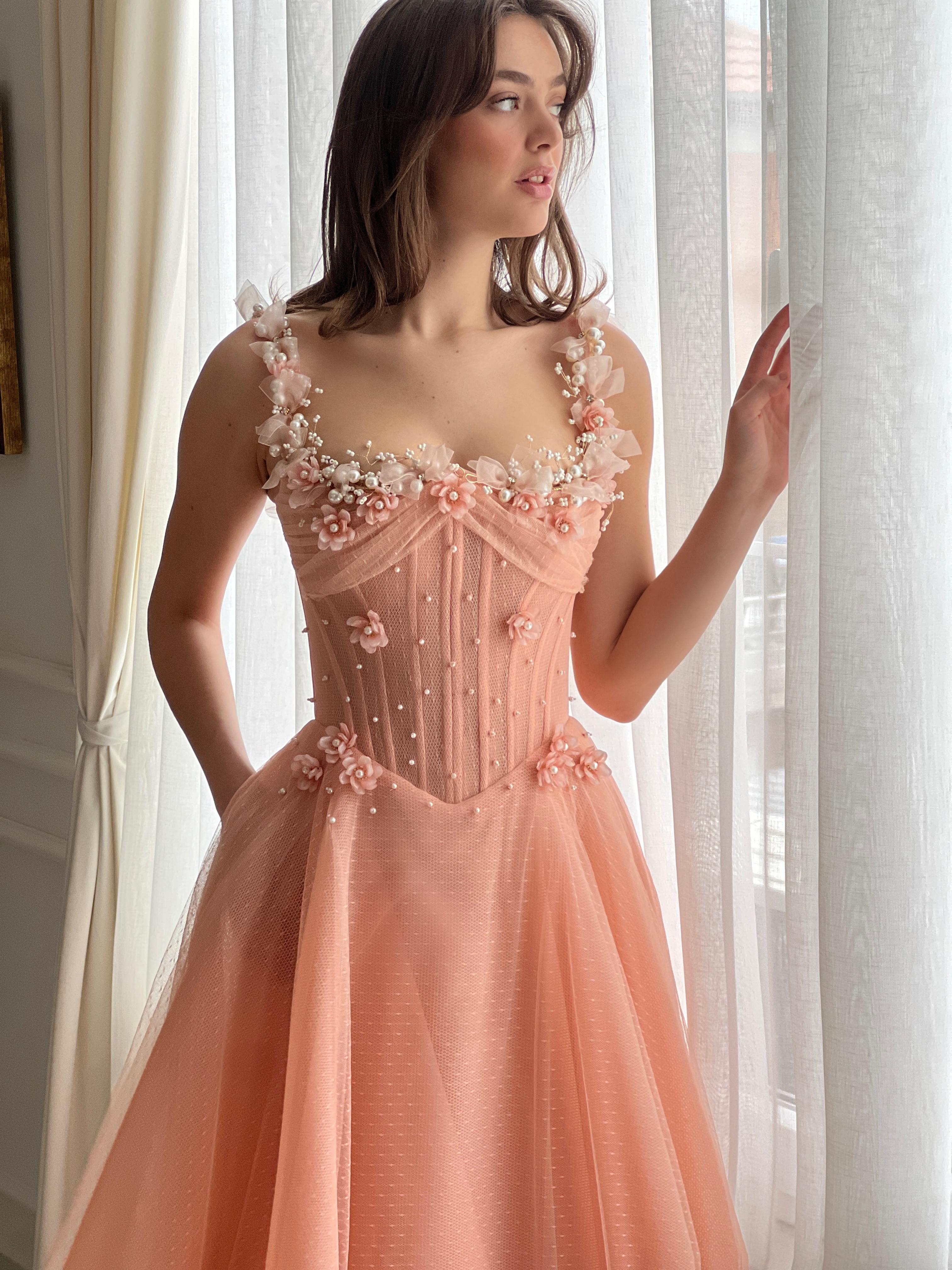 Peach A-Line gown with spaghetti straps and embroidery