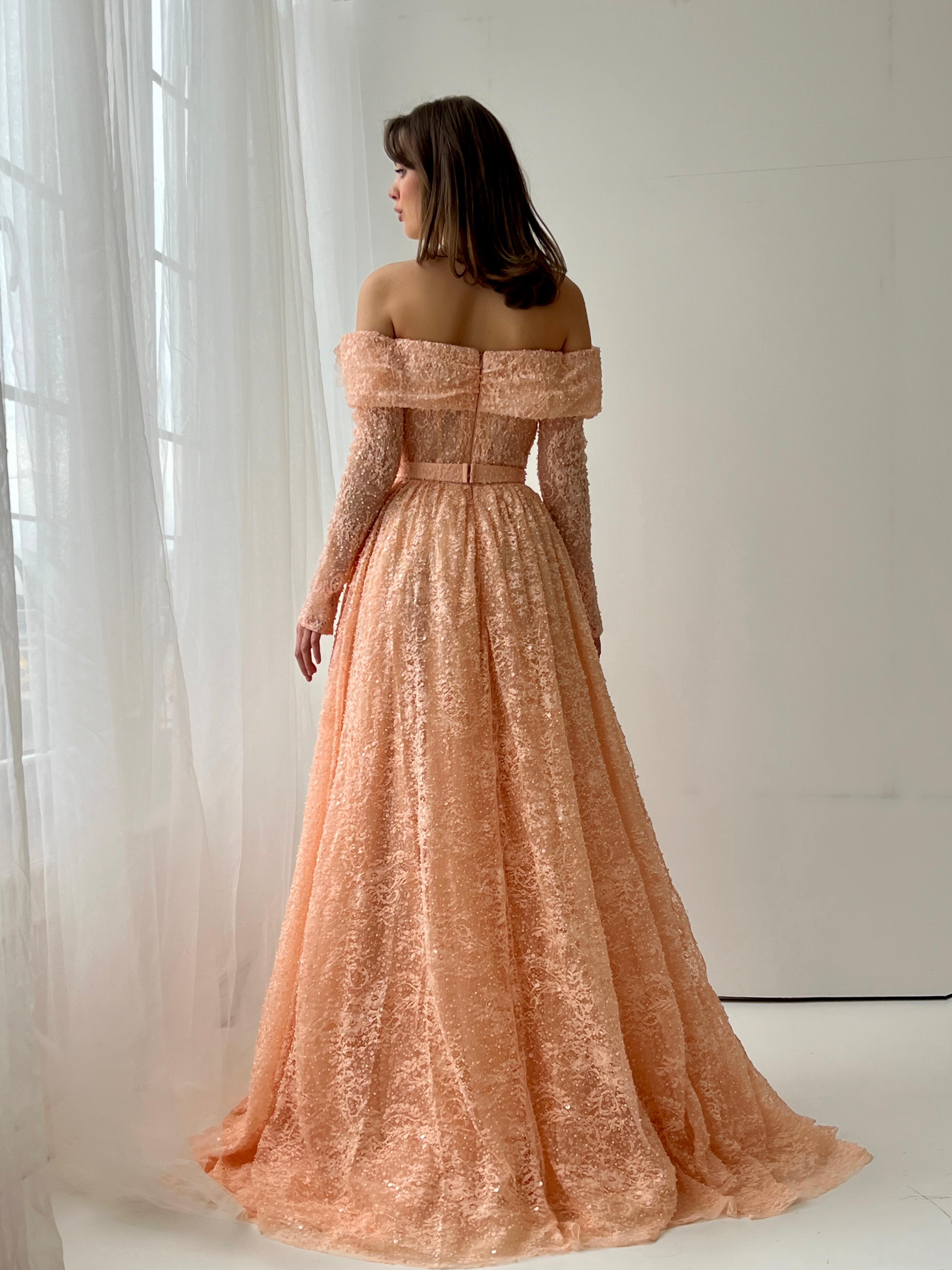 Peach A-Line dress with long off the shoulder sleeves and embroidery