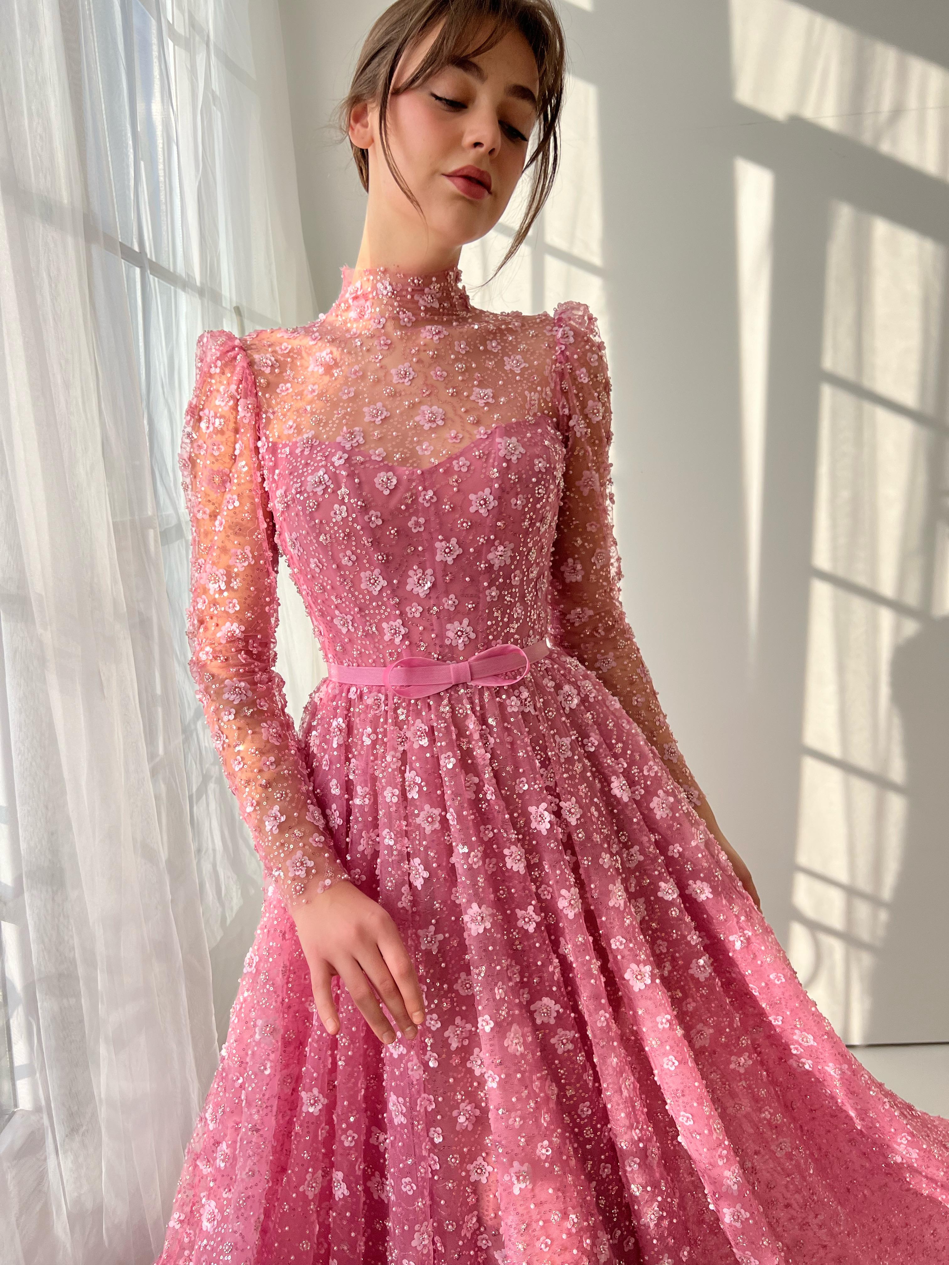 Pink A-Line dress with long sleeves and embroidery