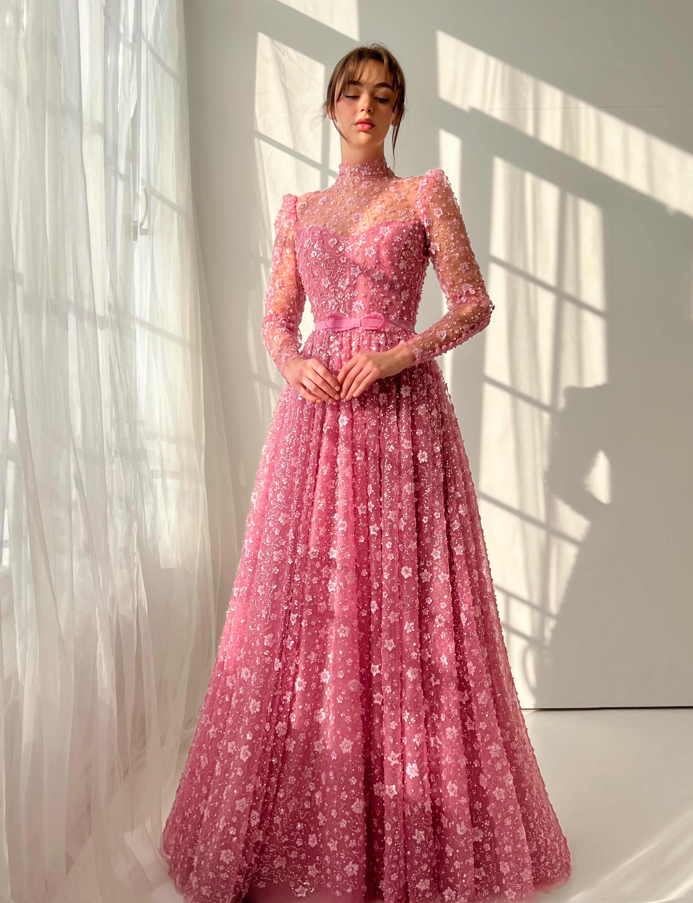 Pink A-Line dress with long sleeves and embroidery