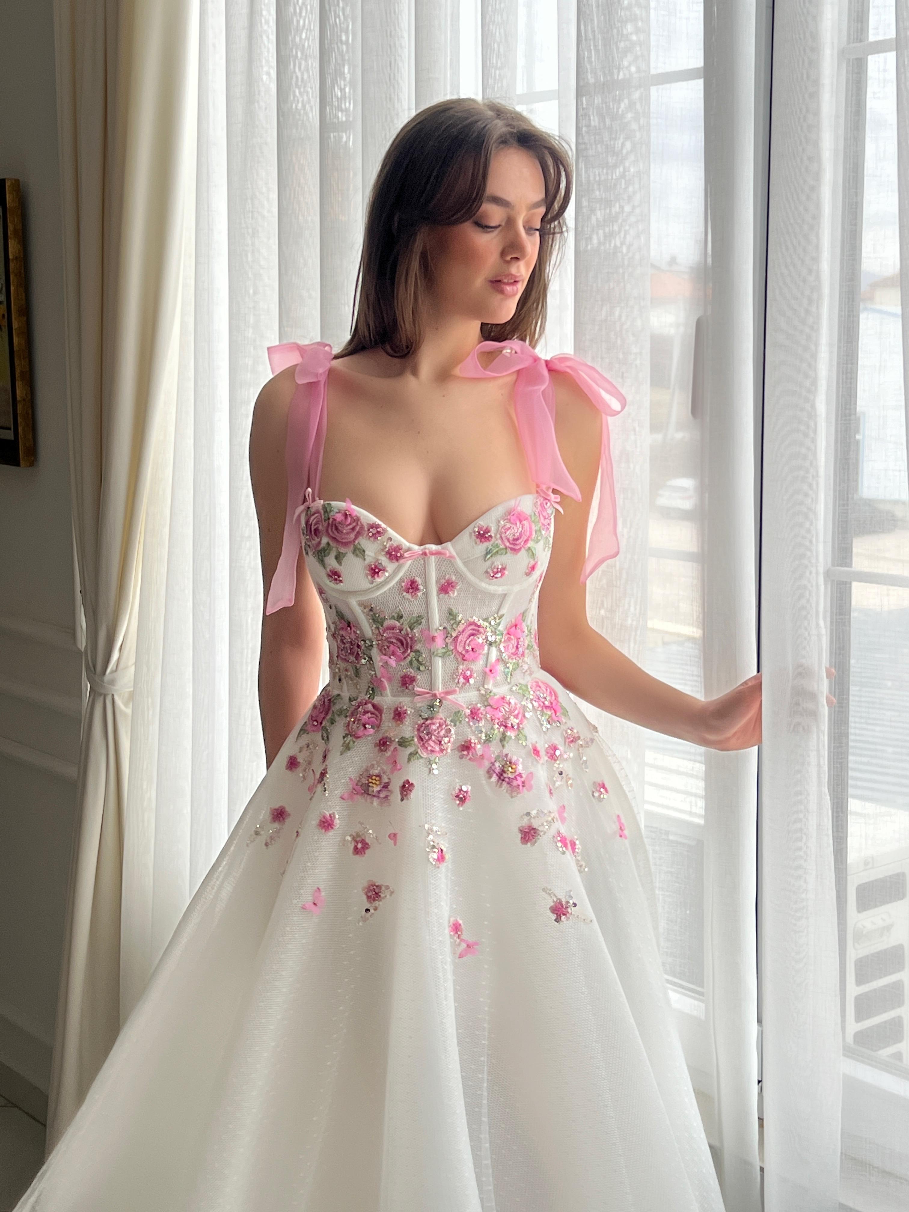 White bridal A-Line dress with pink bow straps and embroidery