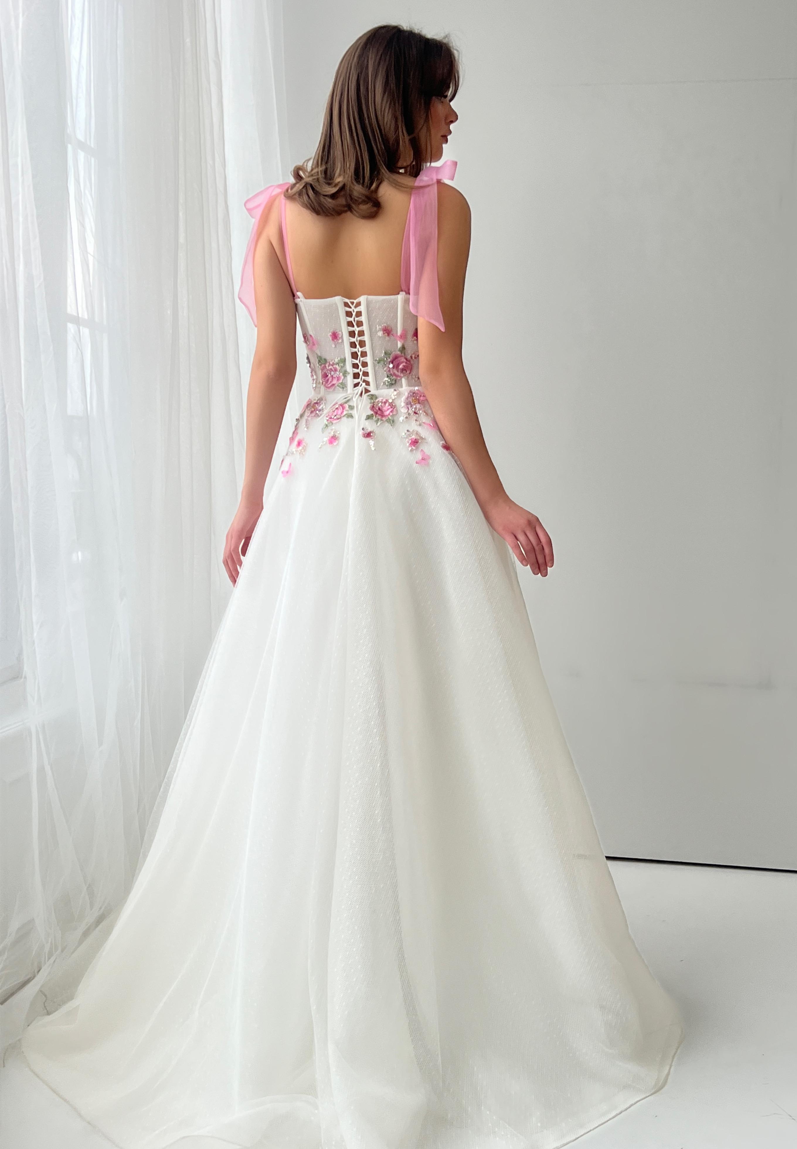 White bridal A-Line dress with pink bow straps and embroidery