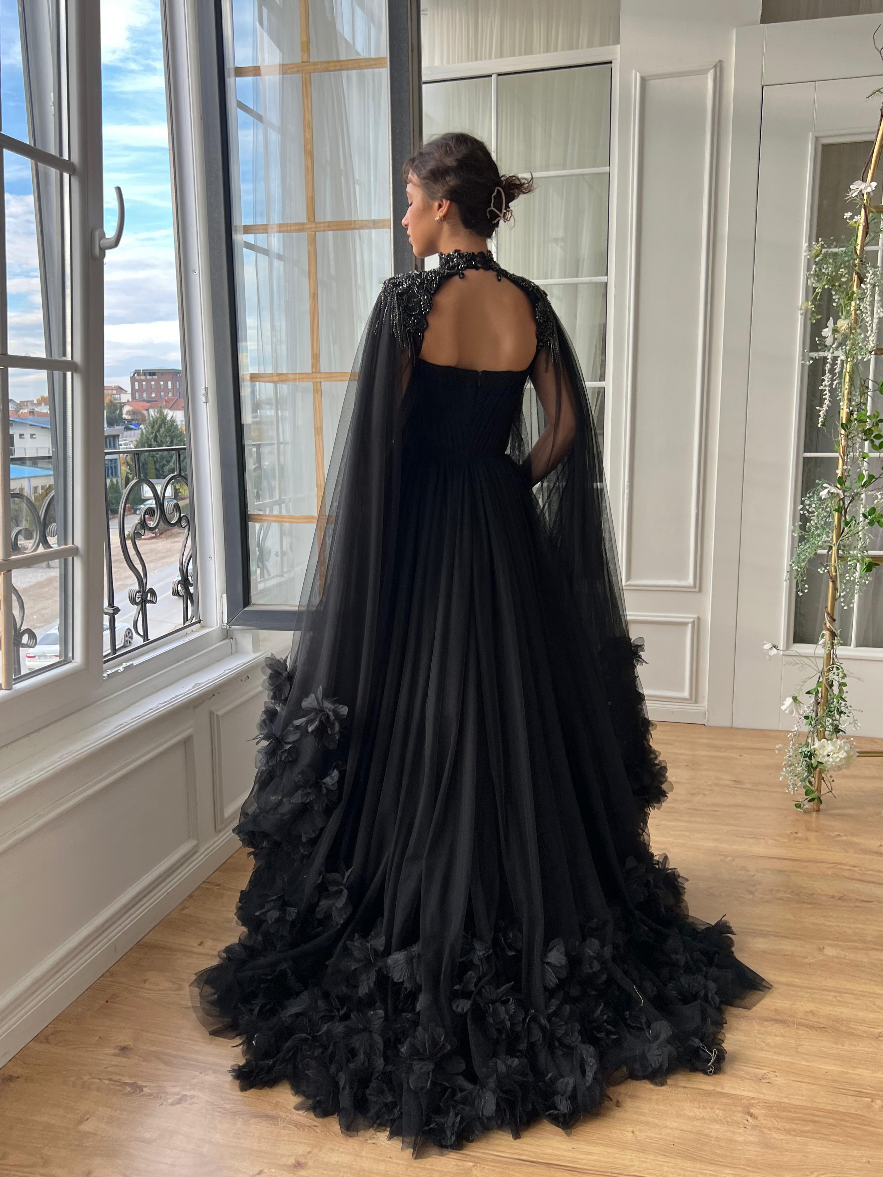 Black A-Line gown with cape, v-neck and embroidery