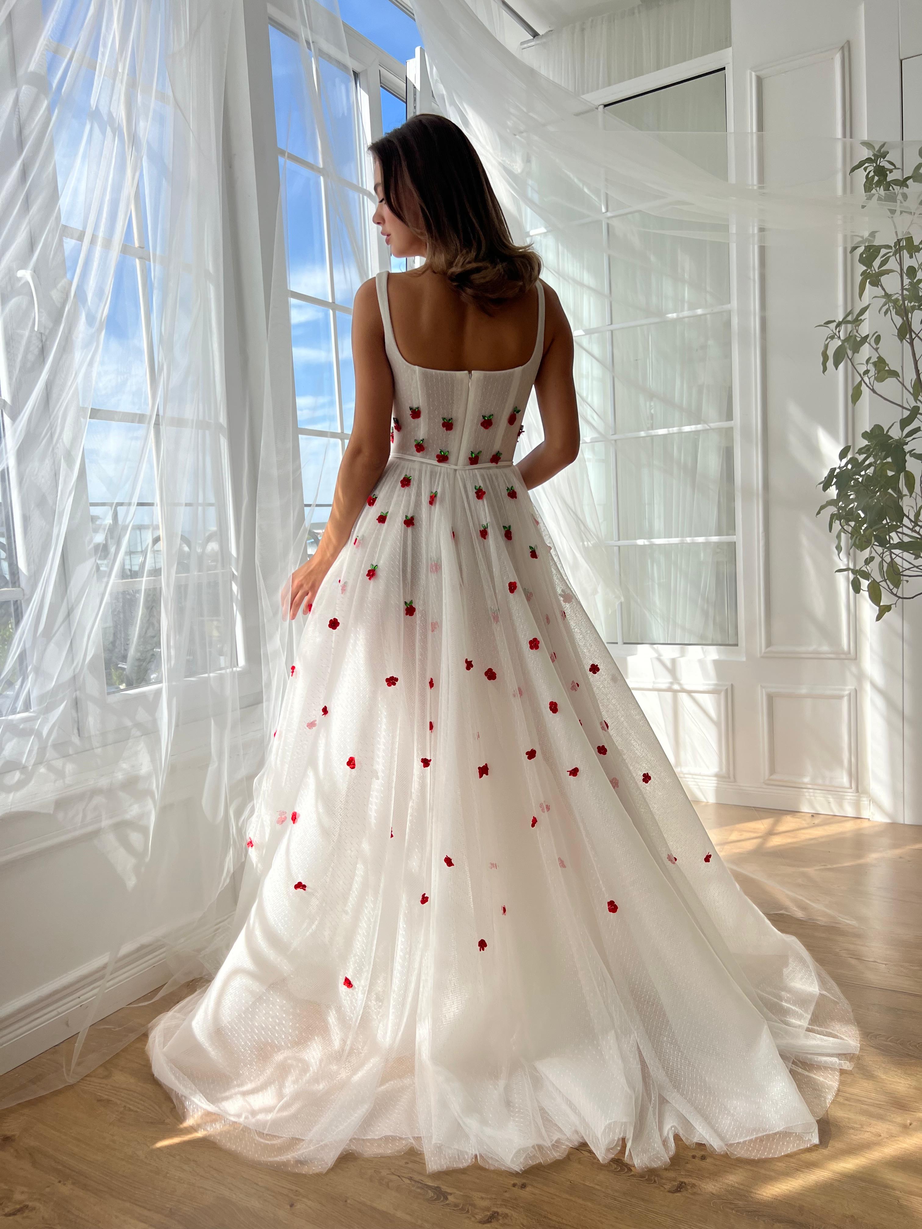 White A-Line dress with straps and embroidered cherries