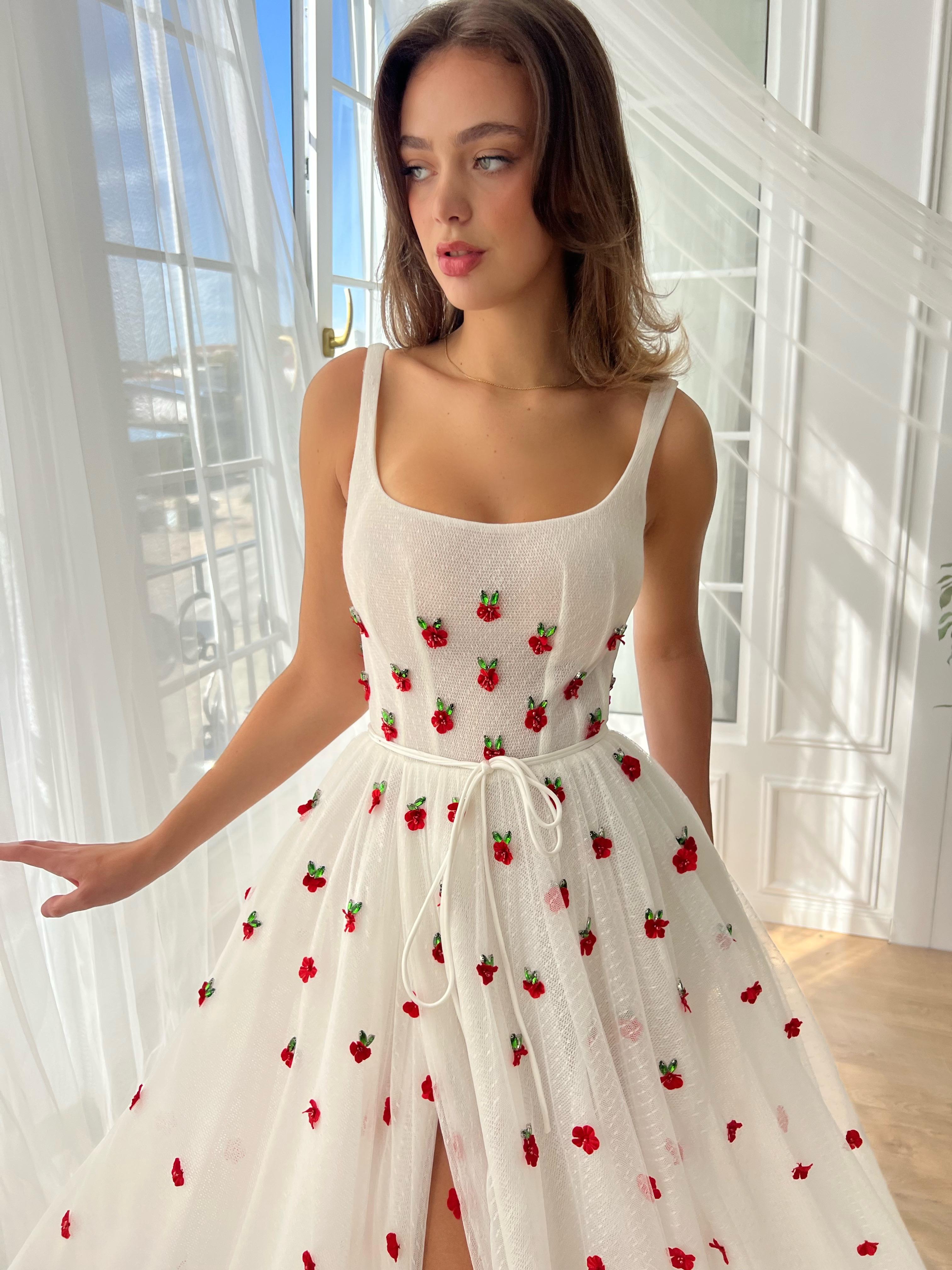 White A-Line dress with straps and embroidered cherries