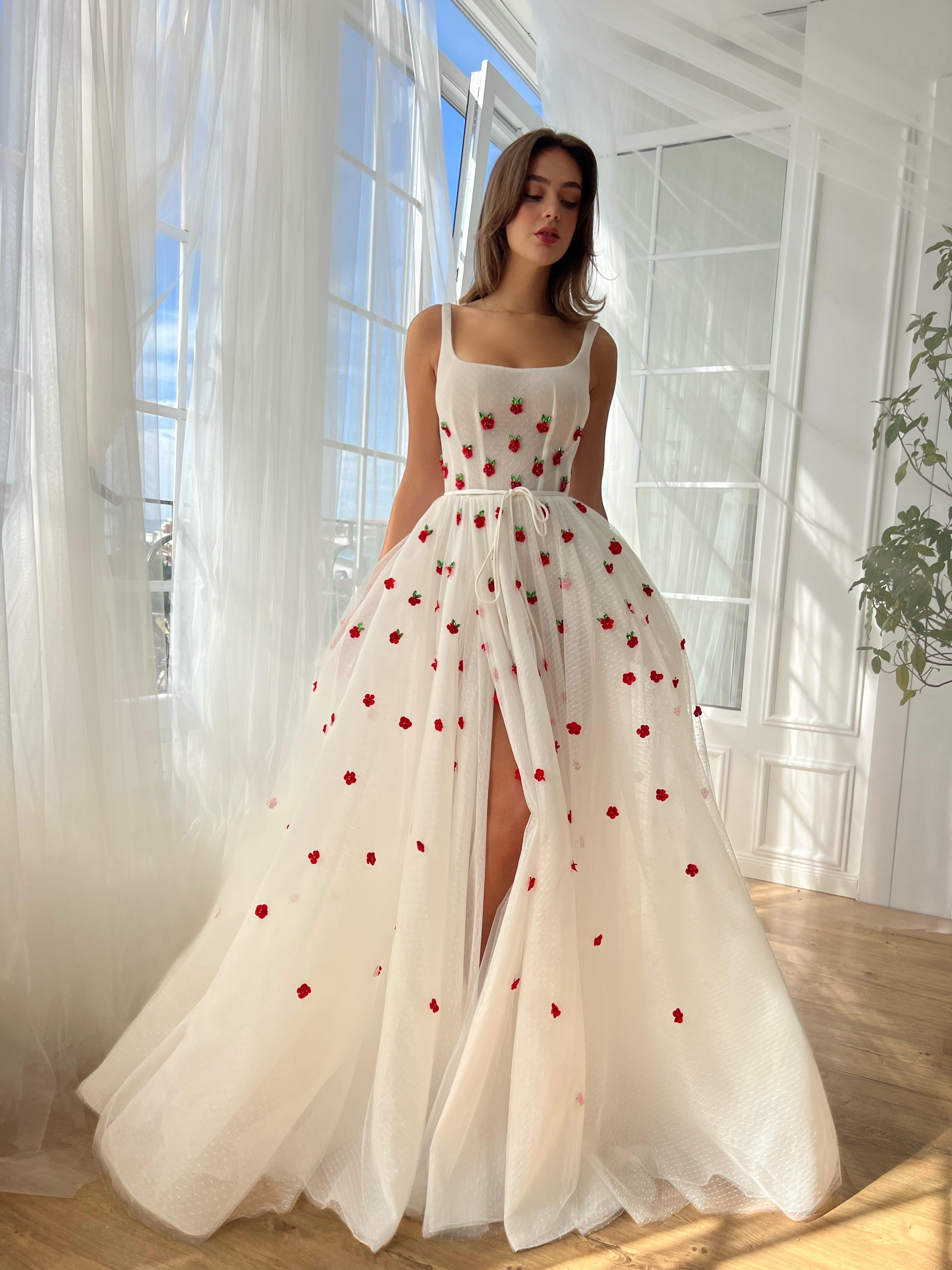 White A-Line dress with straps and embroidered cherries